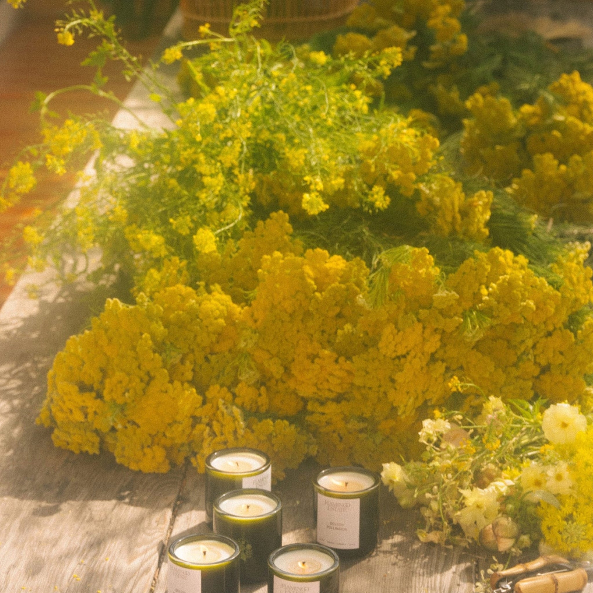 Yellow flowers and candles arranged on a wooden surface