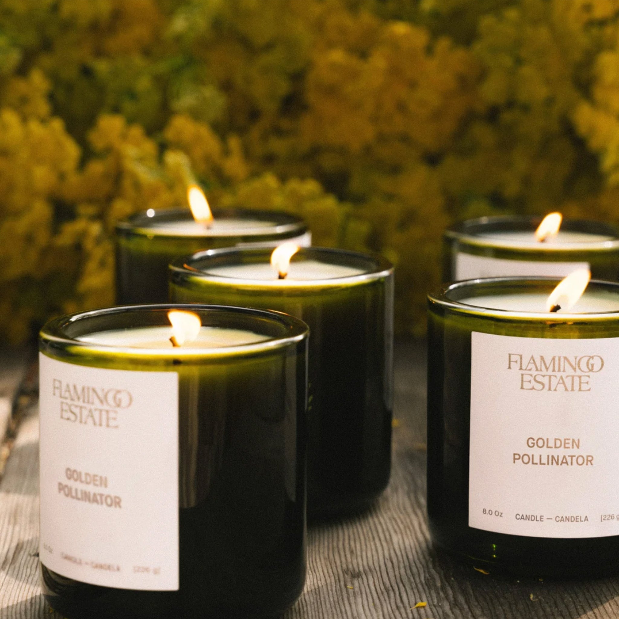 Four lit candles in black jars with visible labels on a wooden surface with a blurred floral background.