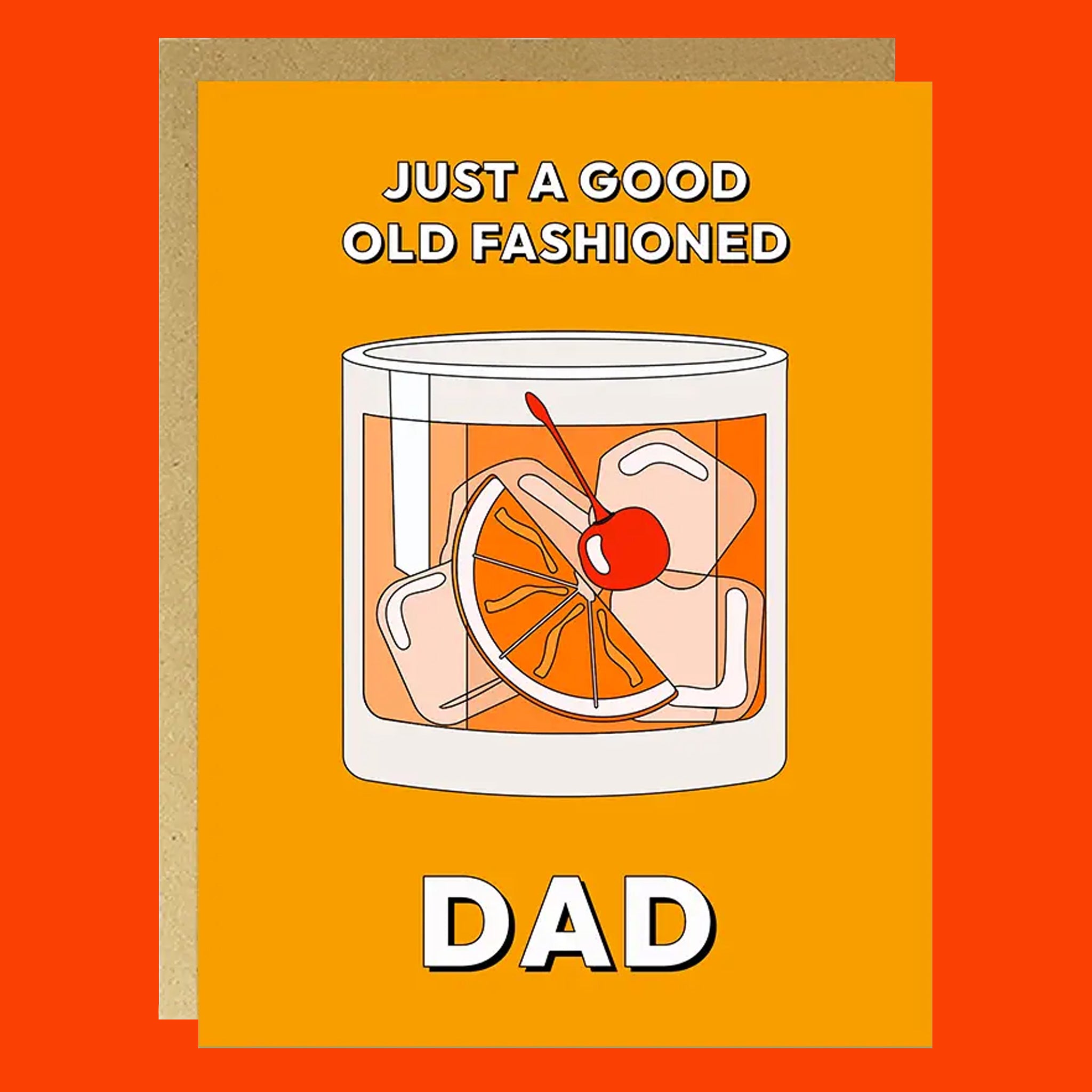 Greeting card with a cocktail illustration and text on an orange background