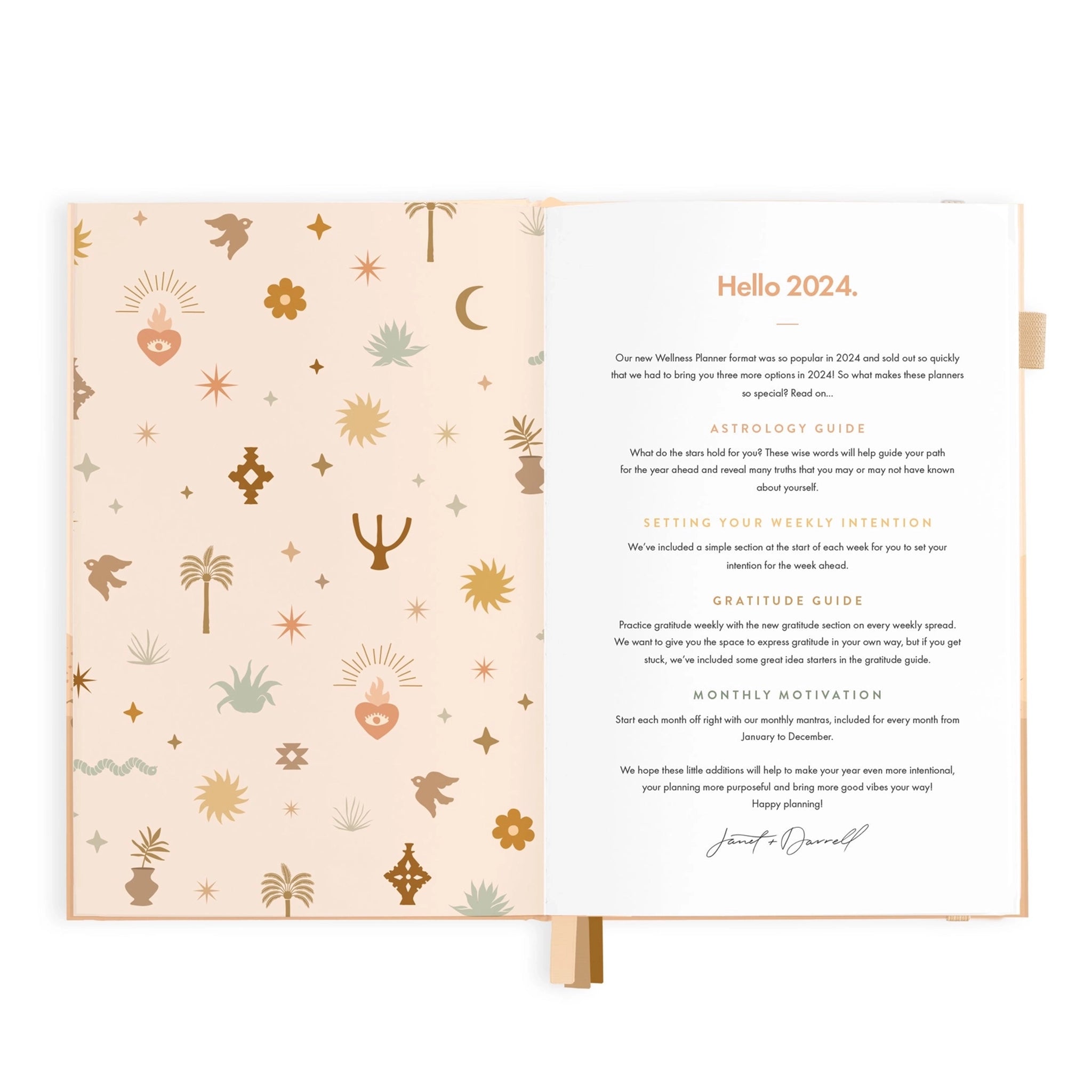 On a white background is the tan and peach planner opened to the front page that says, "Hello 2024" and what is included inside besides the planner which is an Astrology Guide, Setting a Weekly Intention, Gratitude Guide, and Monthly Motivation.
