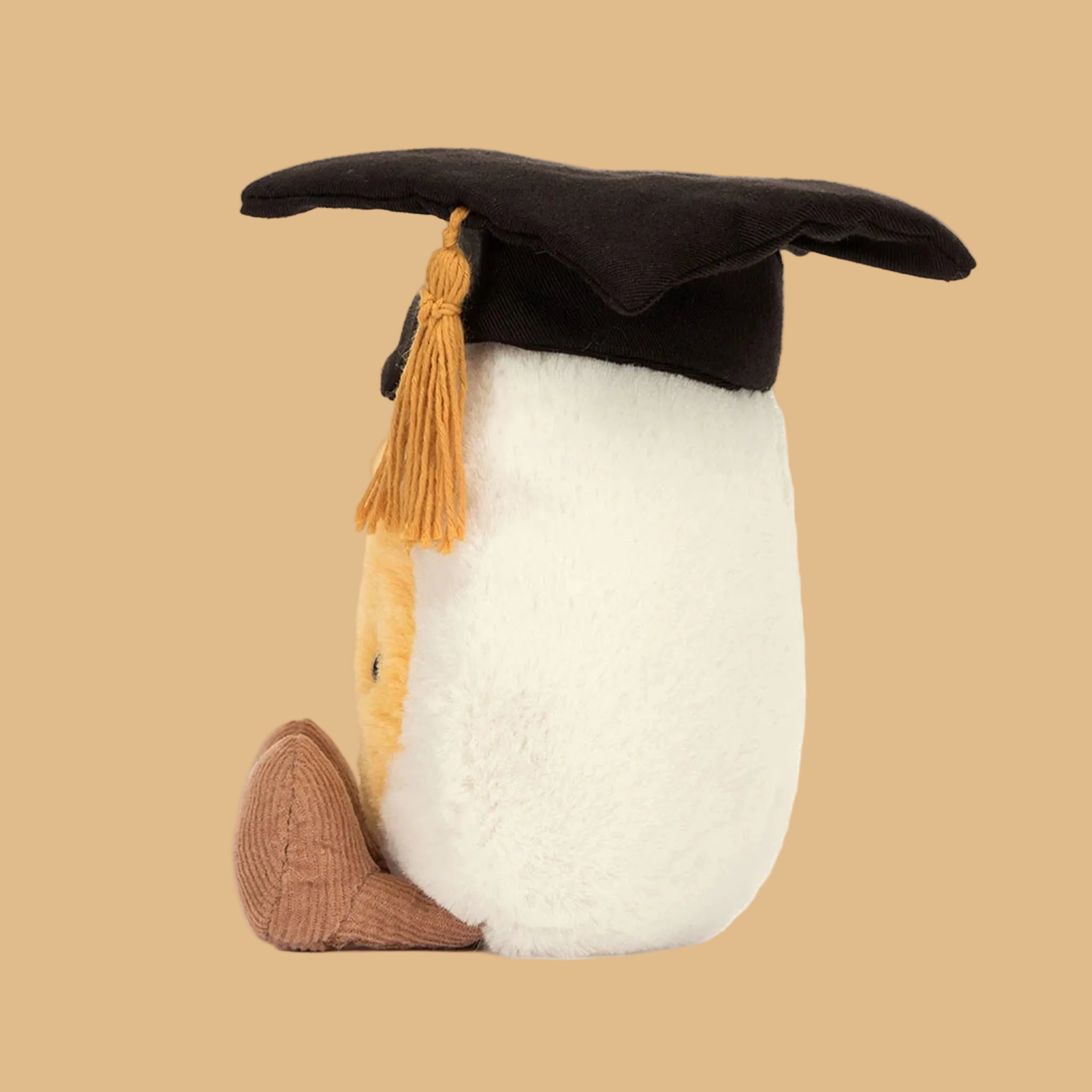 Stuffed toy penguin wearing a graduation cap on a white background