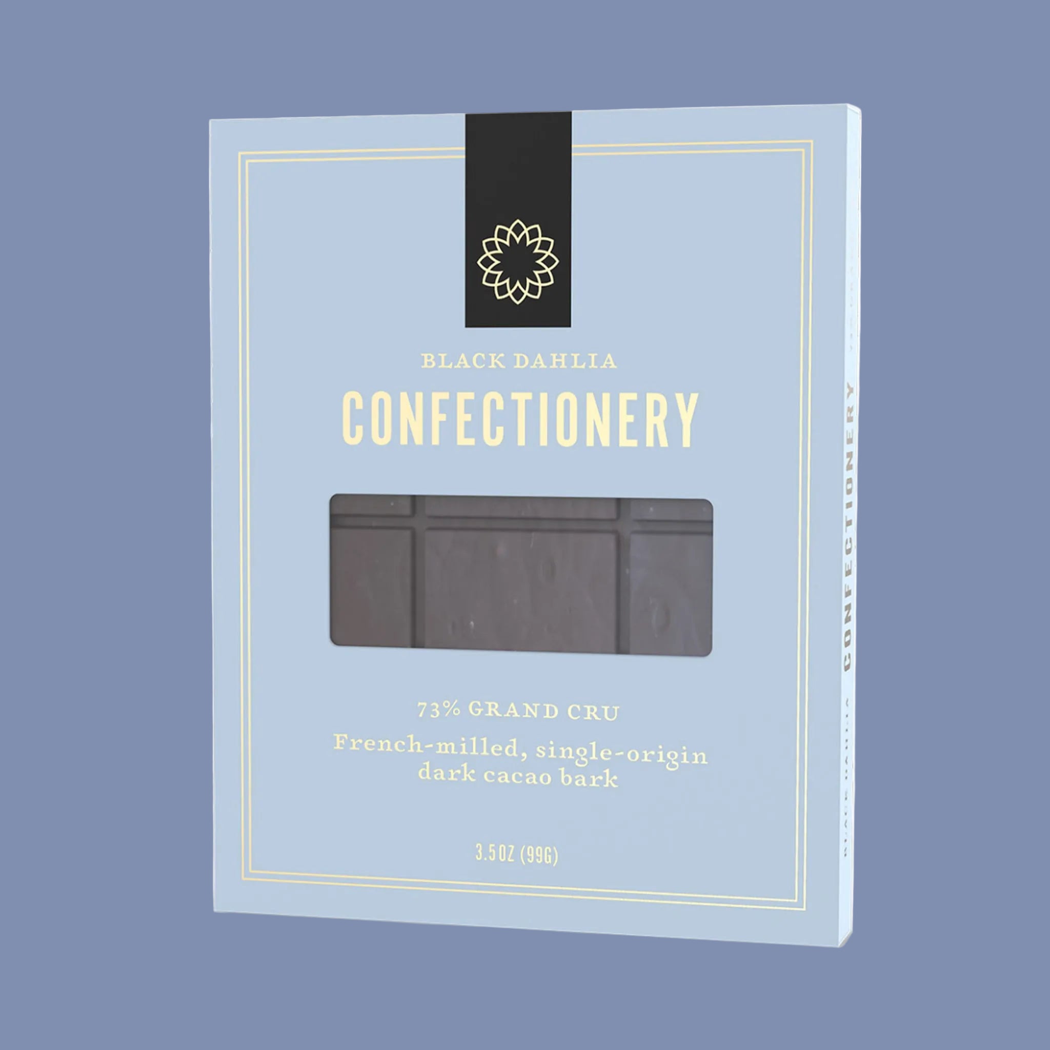"Black Dahlia Confectionery 73% Grand Cru French-milled, single-origin dark cacao bark".