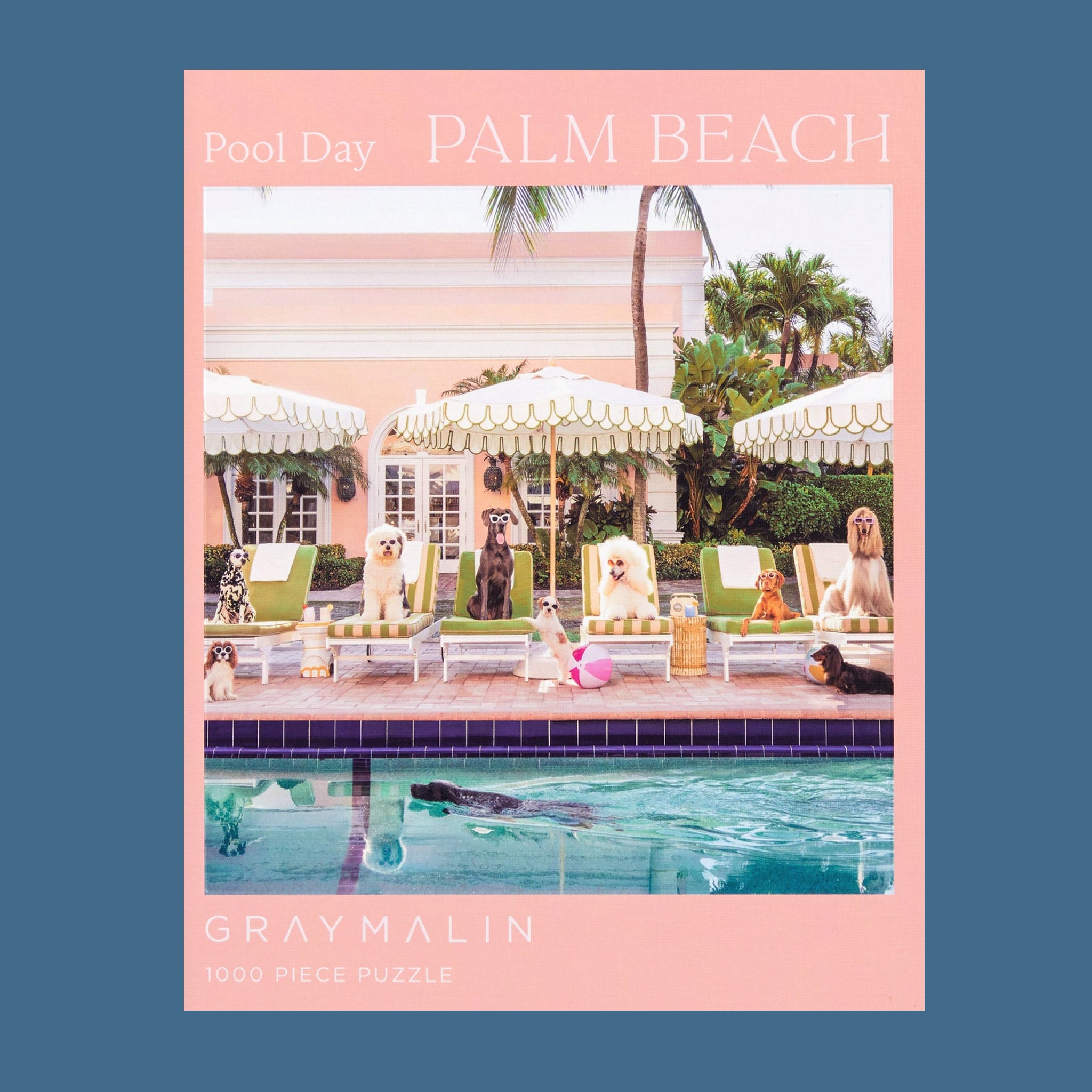 A peachy pink boxed puzzle with a photo of poolside image of dogs and text that reads, 'Pool Day Palm Beach'. 