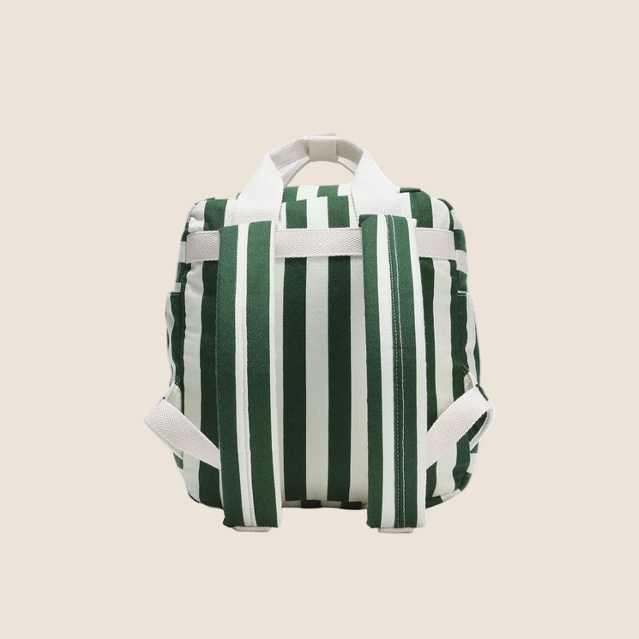 A green and white stripe mini backpack. 