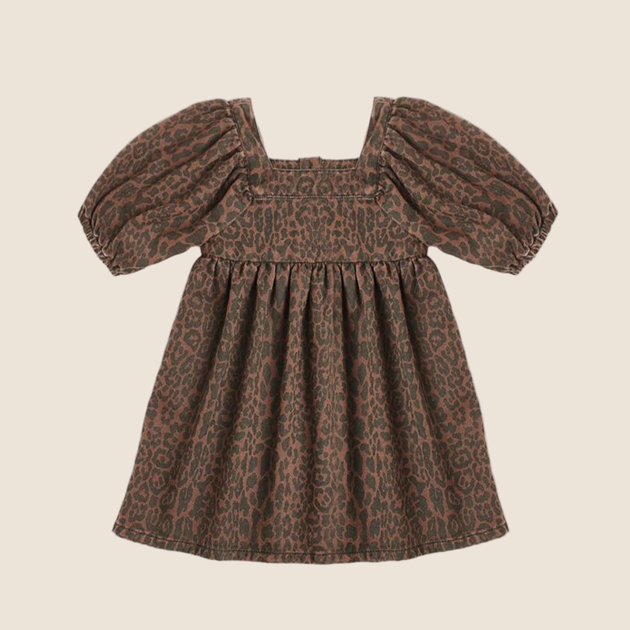A brown and black leopard print dress for children with puff sleeves and a square neckline. 