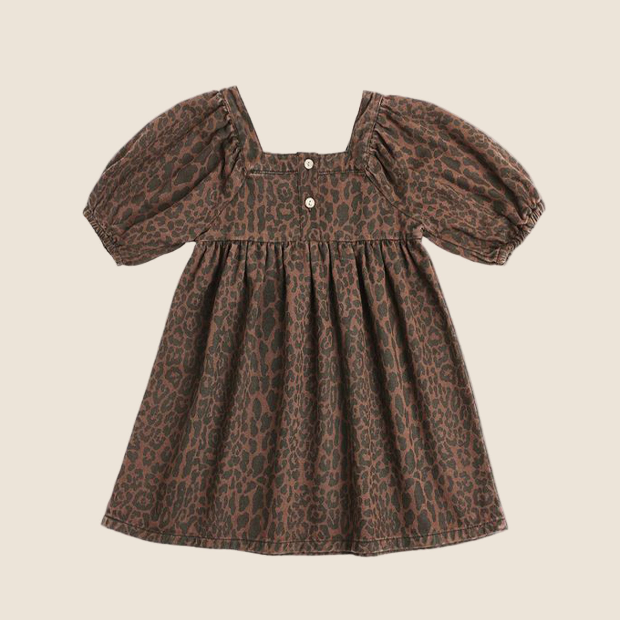 A brown and black leopard print dress for children with puff sleeves and a square neckline. 