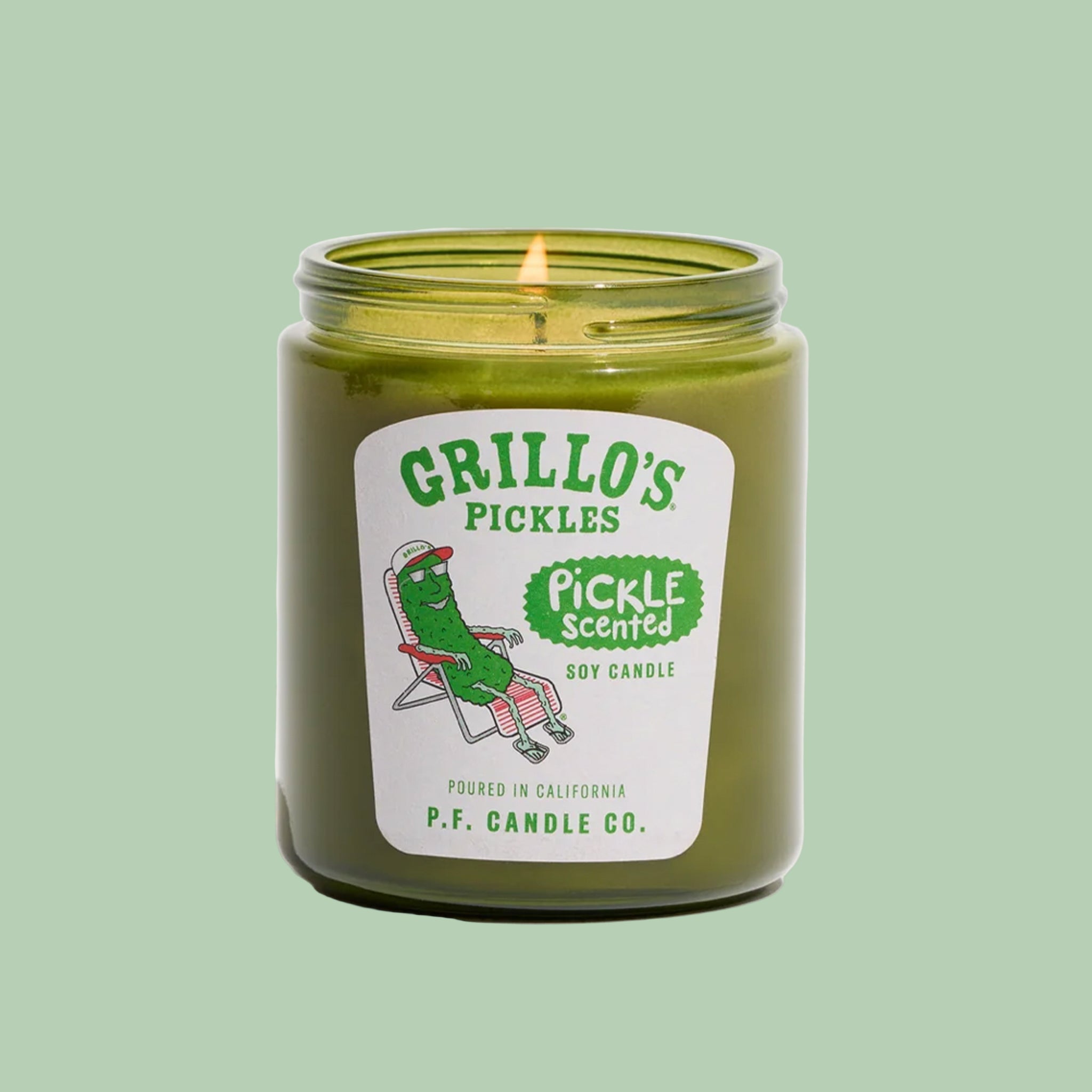 "Grillo's Pickles Pickle Scented Soy Candle Poured In California P.F. Candle Co". 