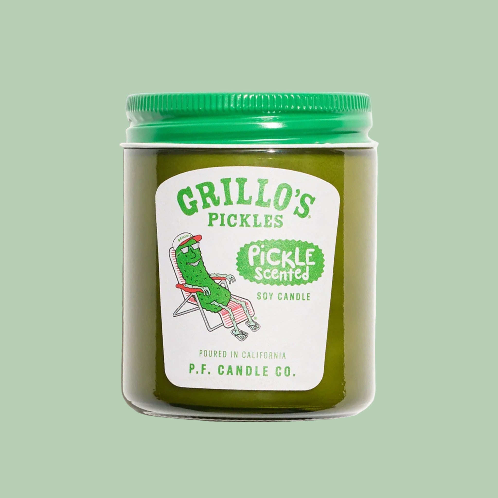 "Grillo's Pickles Pickle Scented Soy Candle Poured In California P.F. Candle Co". 