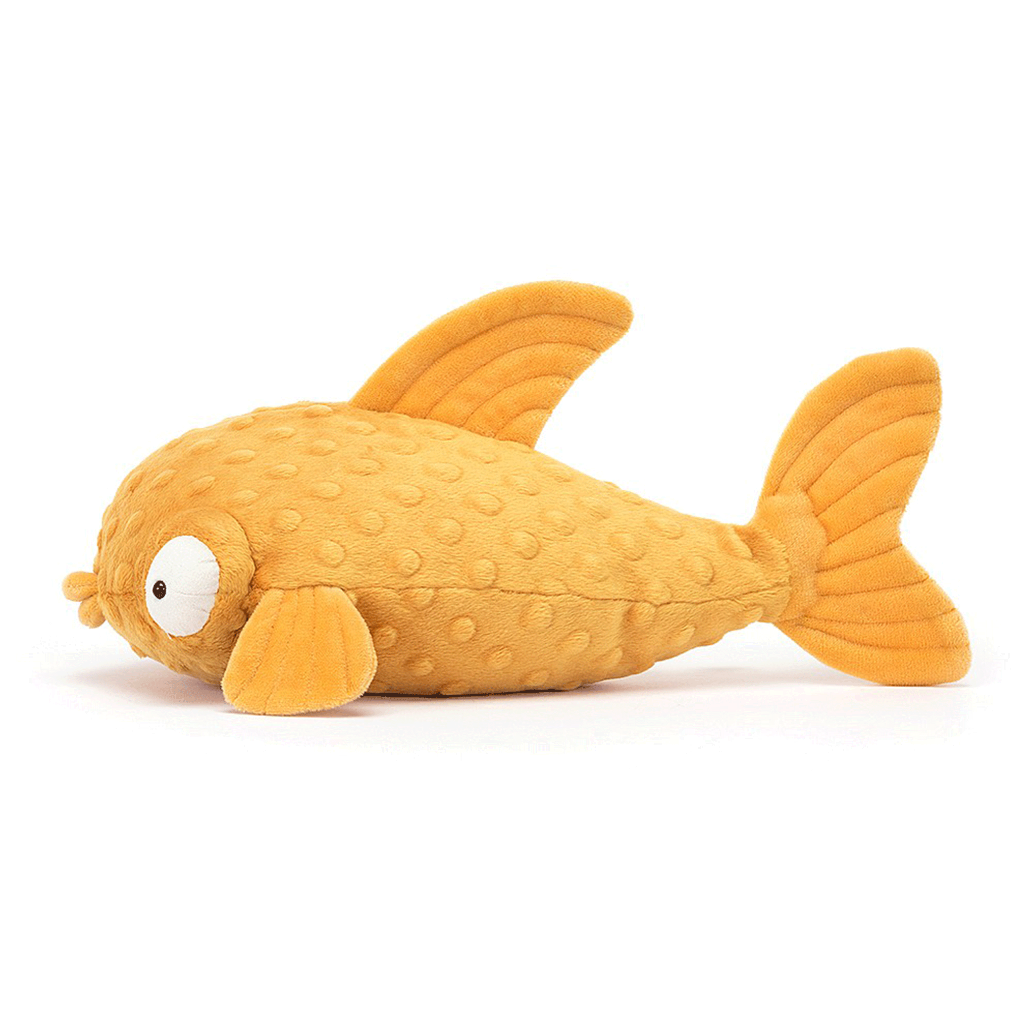 On a white background is a yellow stuffed toy fish with puffy eyes and lips.