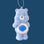 A blue care bear shaped glass ornament with a raincloud graphic on its stomach. 