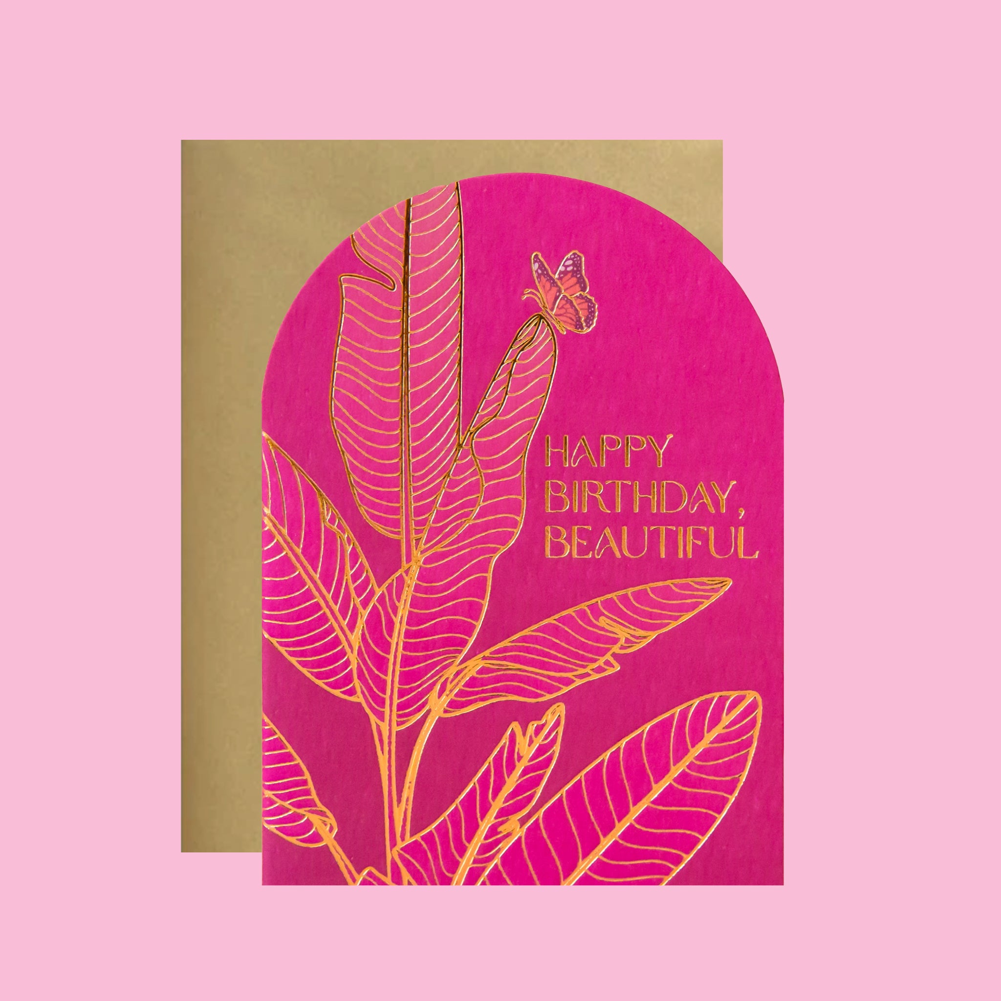 Greeting card with pink floral design and &#39;Happy Birthday, Beautiful&#39; text on a pink background