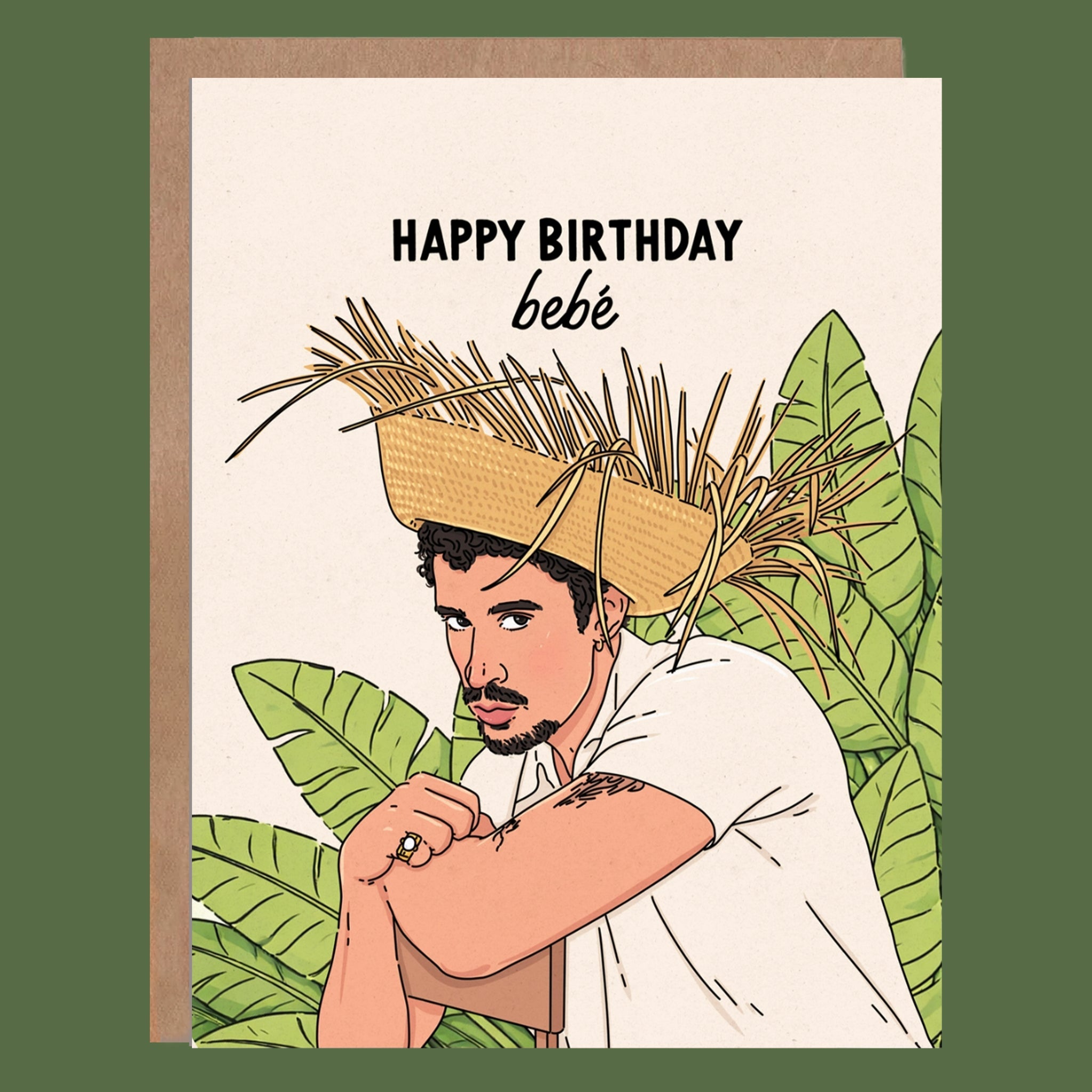 "Happy Birthday bebe" card with a graphic image of Bad Bunny.