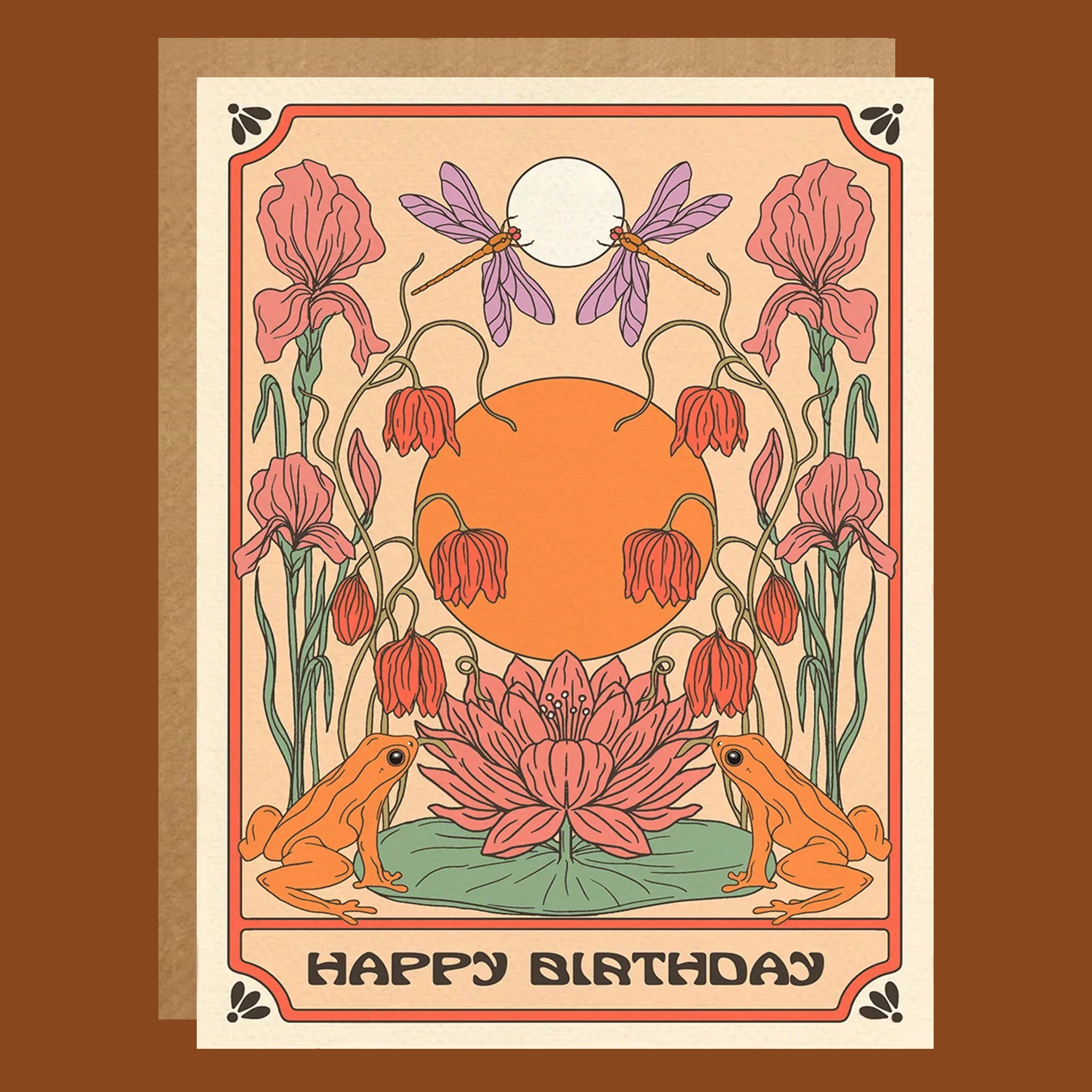 Birthday card with frogs, flowers, and a moon on a brown background