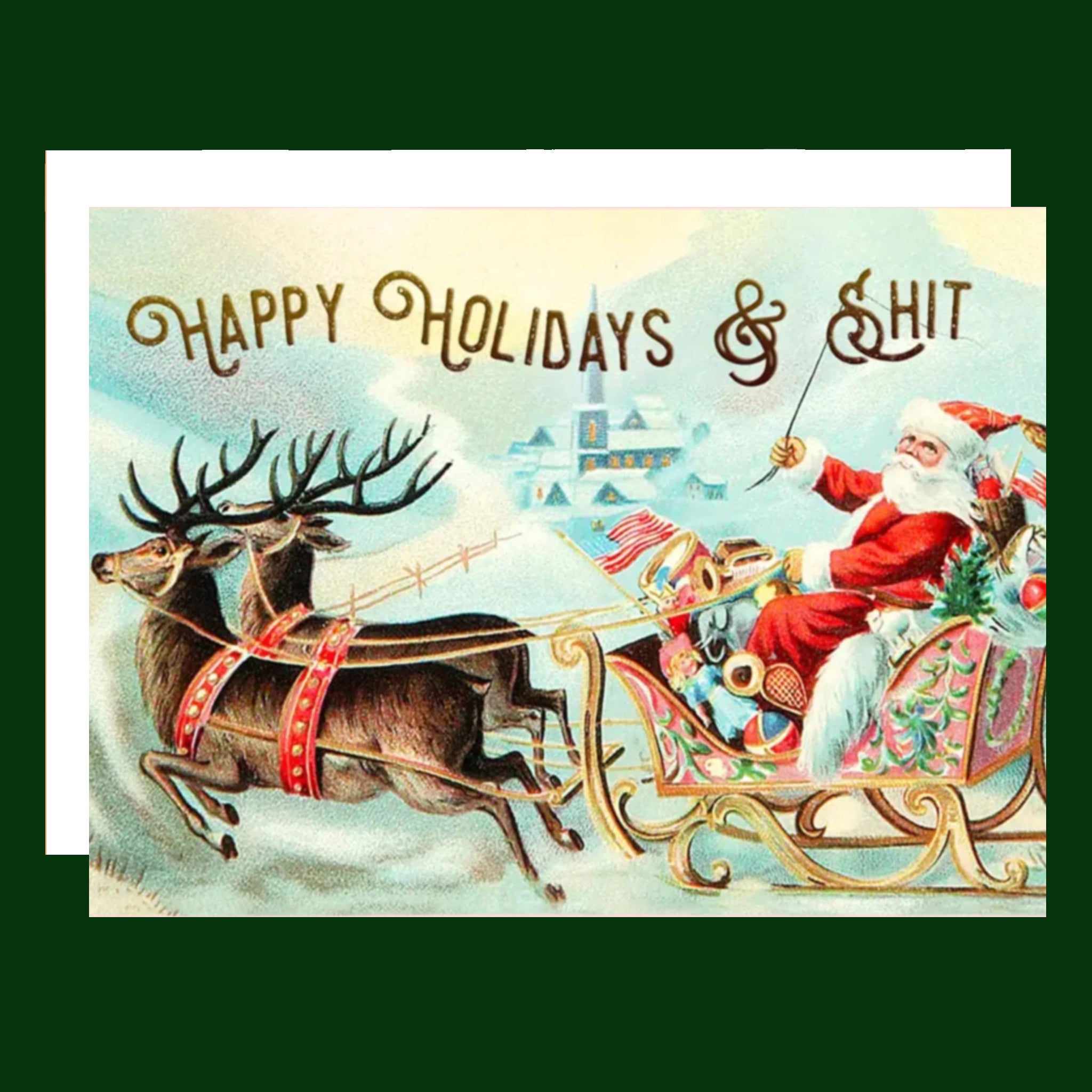 A light blue card with an illustration of Santa on a sleigh with reindeer and text that reads, 'Happy Holidays & Shit'. 