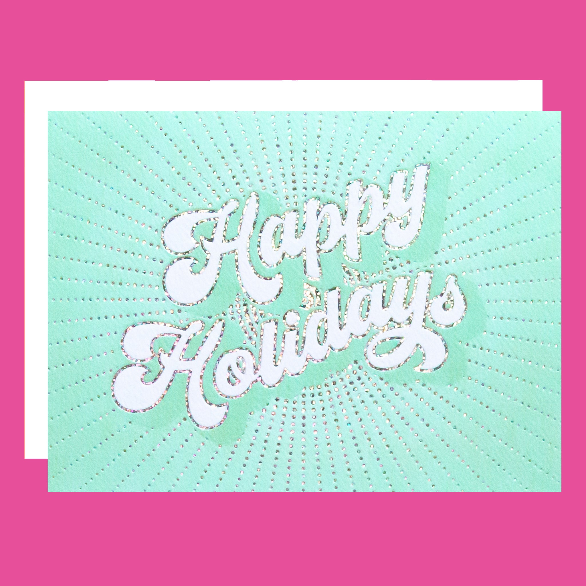 Mint green card with 'Happy Holidays' text on a pink background