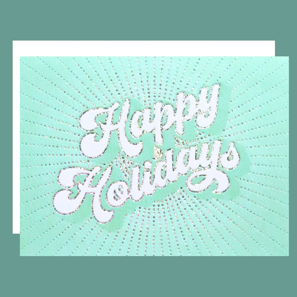 Mint green card with 'Happy Holidays' text on a teal background.