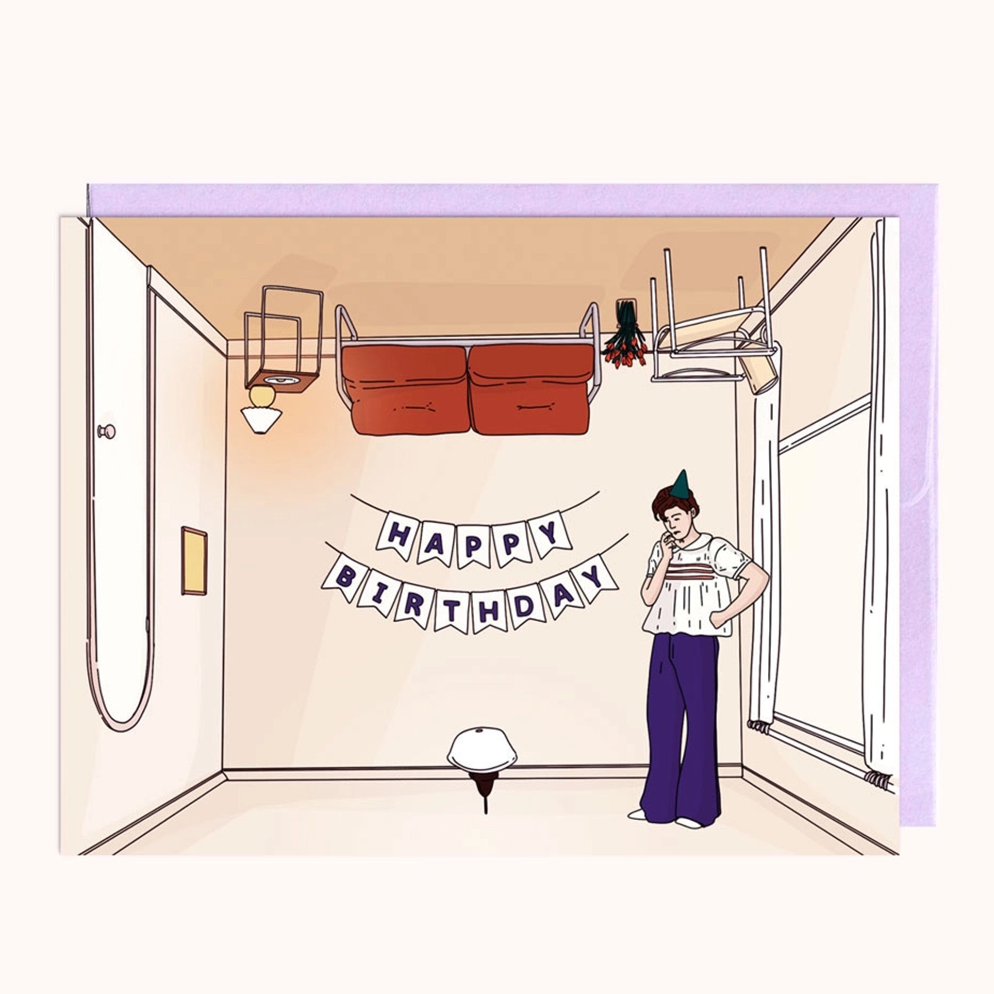 On a white background is a neutral card with an illustration of Harry Styles album cover art featuring him standing in an upside down room with a happy birthday banner on the wall. 