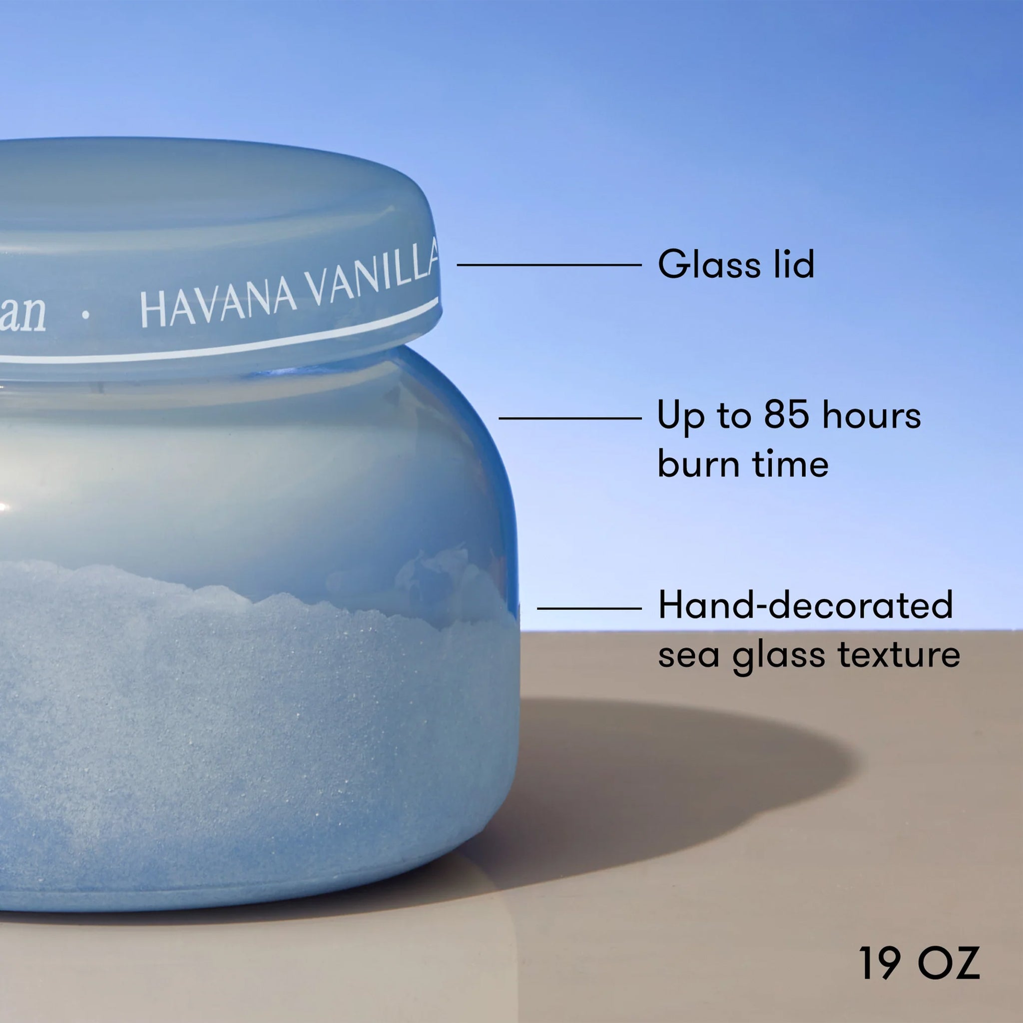 Blue candle jar with labeled features on a blue background