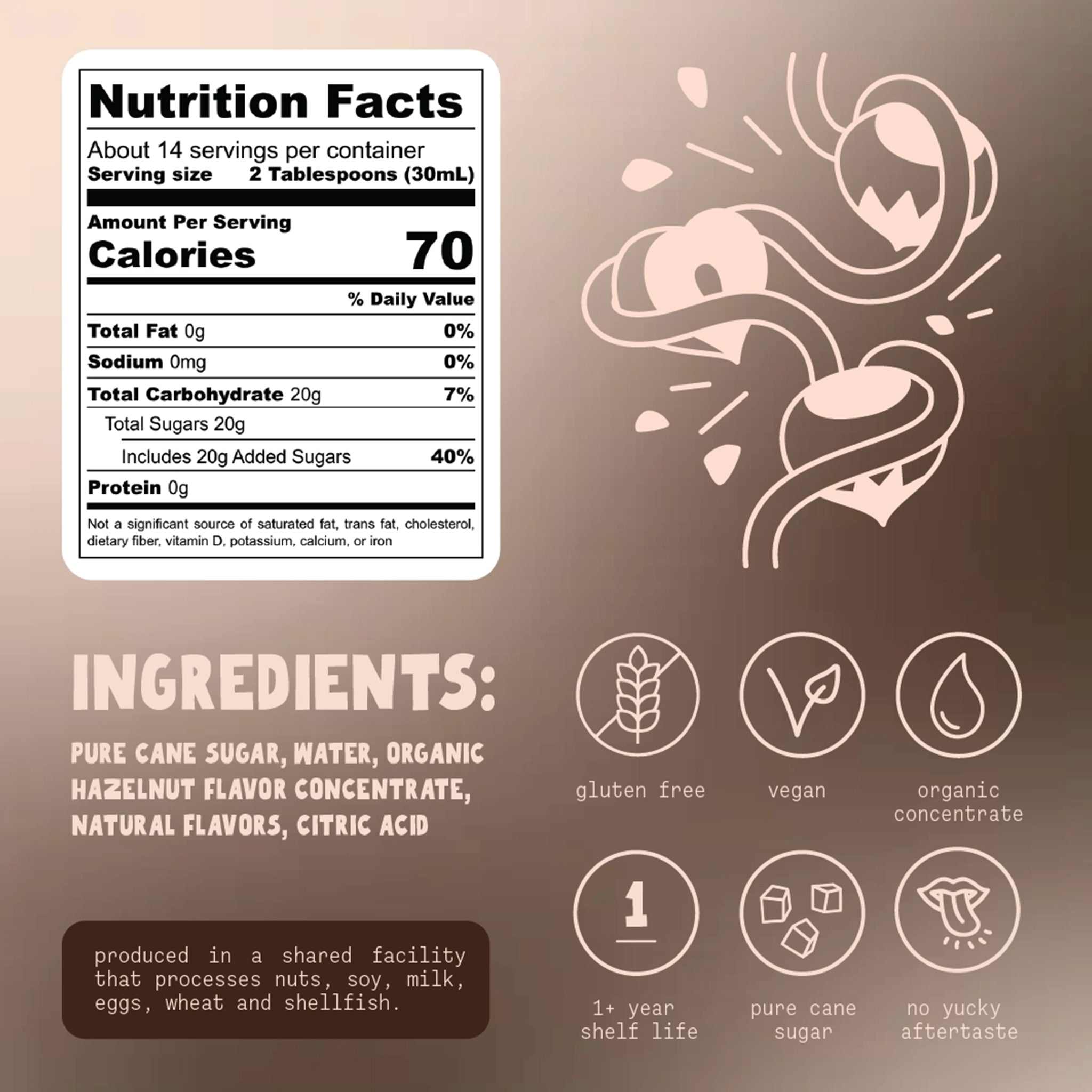 "Ingredients: Pure Cane Sugar, Water, Organic Hazelnut Flavor Concentrate, Natural Flavors, Citric Acid". 