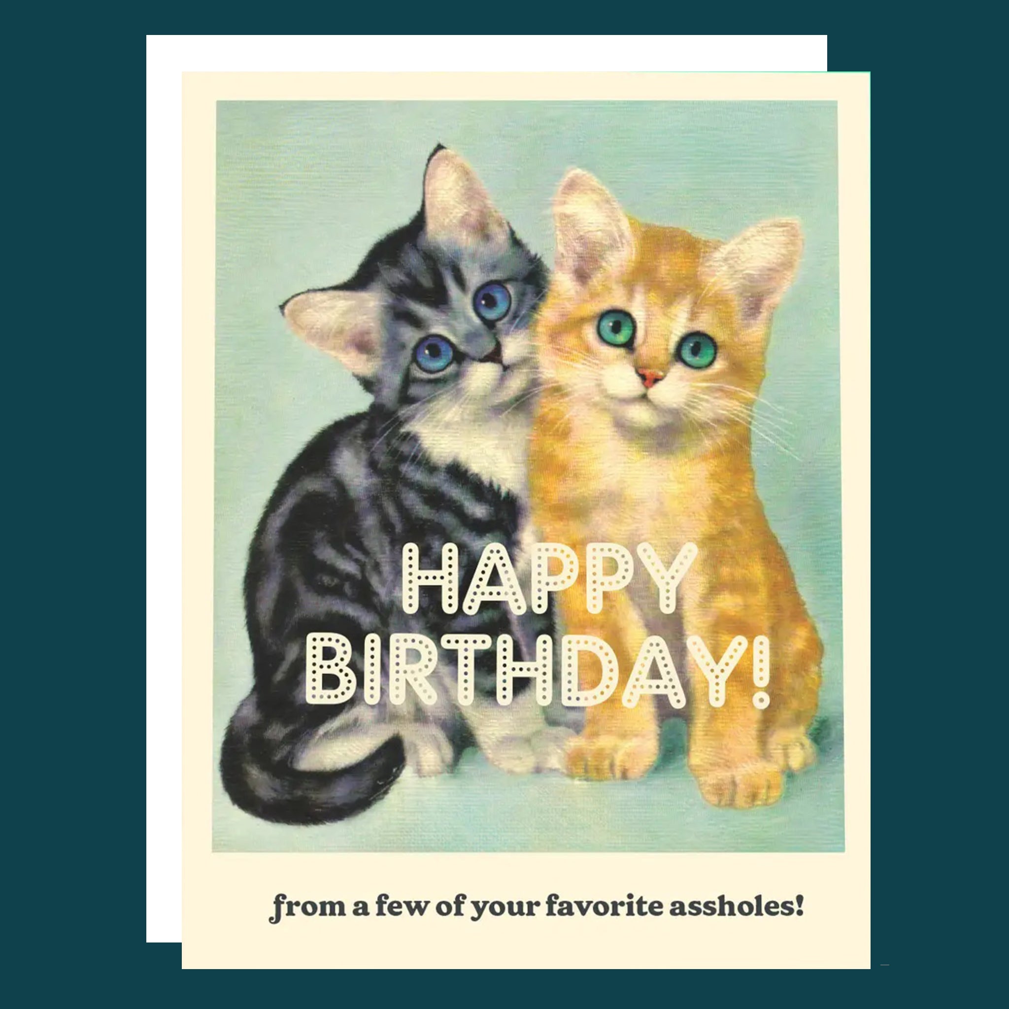 Greeting card with an orange and black kitten on the front. The card reads "Happy Birthday! From a few of your favorite assholes!"