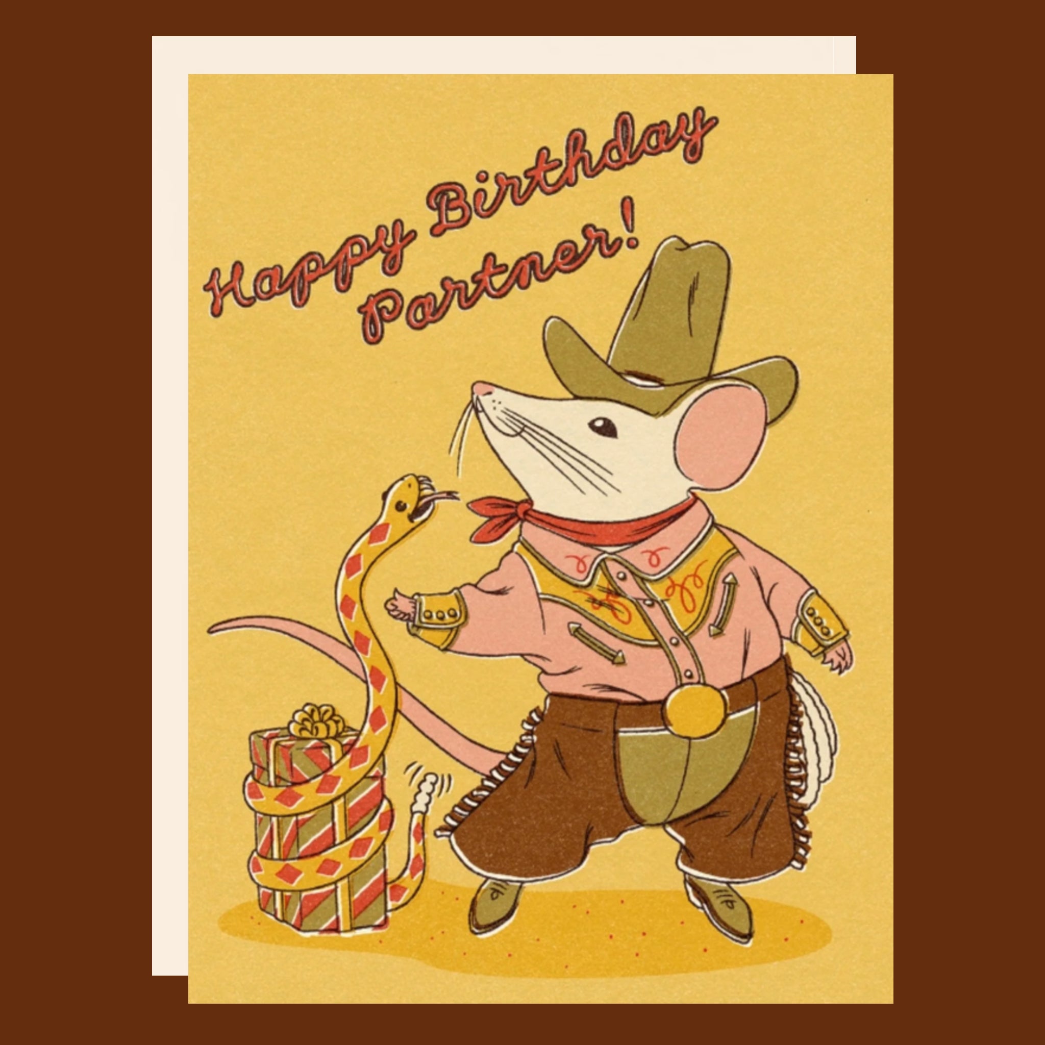 Birthday card with a cowboy mouse and snake on a yellow background