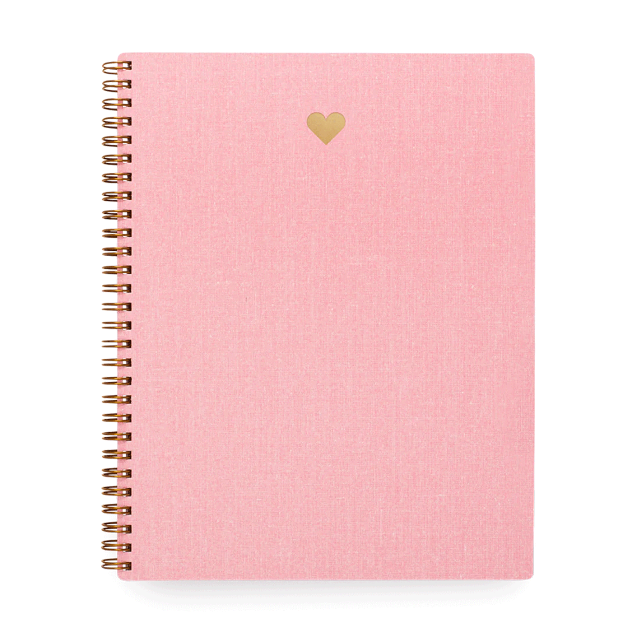 On a white background is a pink spiral bound notebook with a heart shape on the front. 