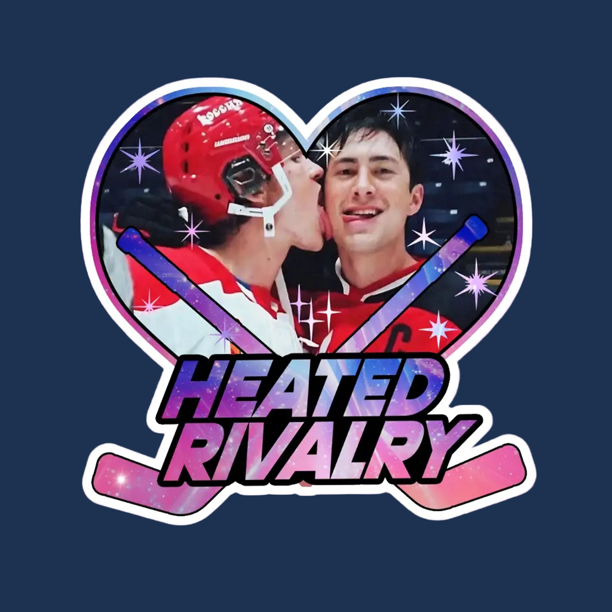 A heart shaped sticker with the characters from Heated Rivalry and text that reads, "Heated Rivalry". 