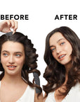 A black satin heatless curler with two included scrunchies.
