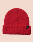 A red ribbed beanie. 