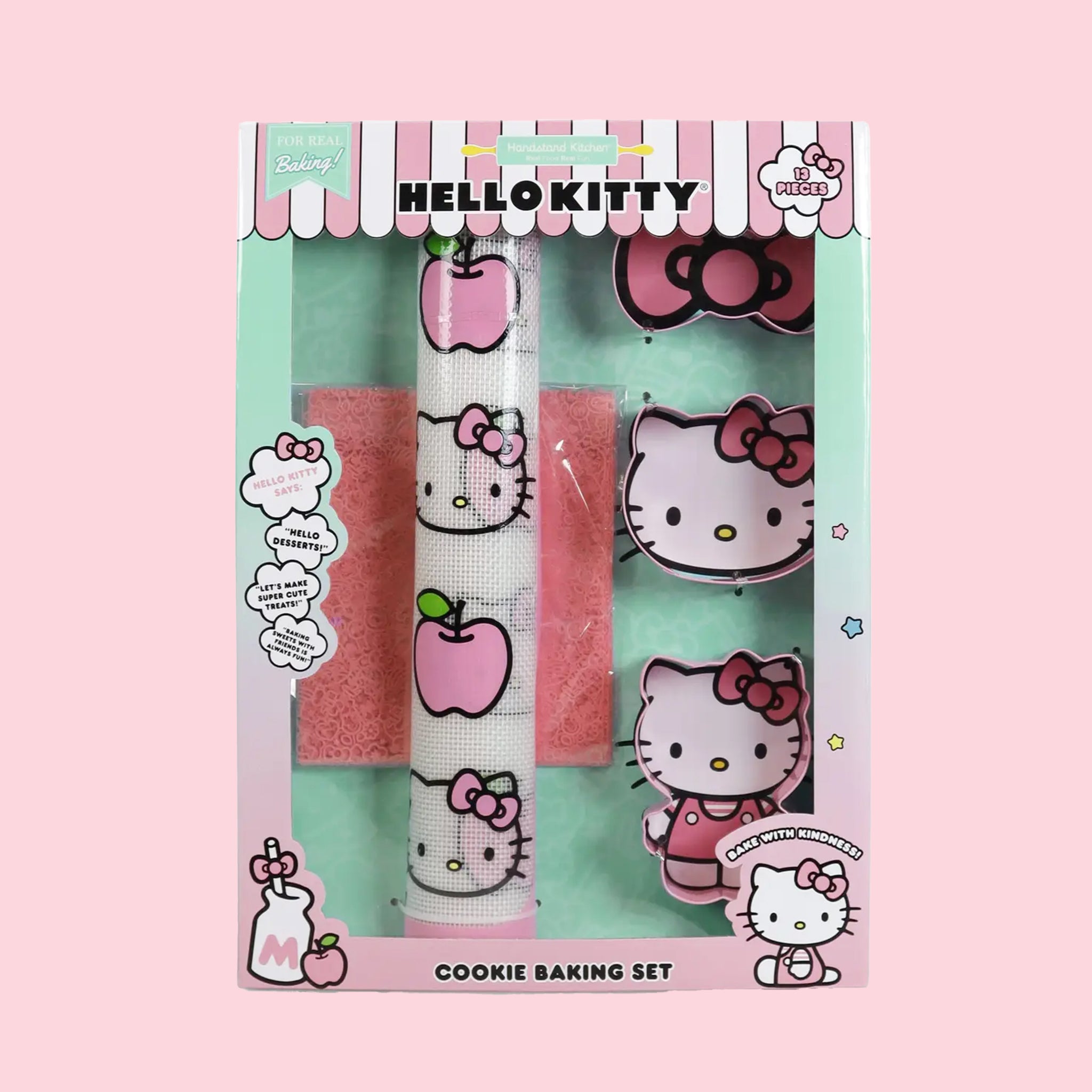 A set of baking accessories in hello kitty shapes and designs.