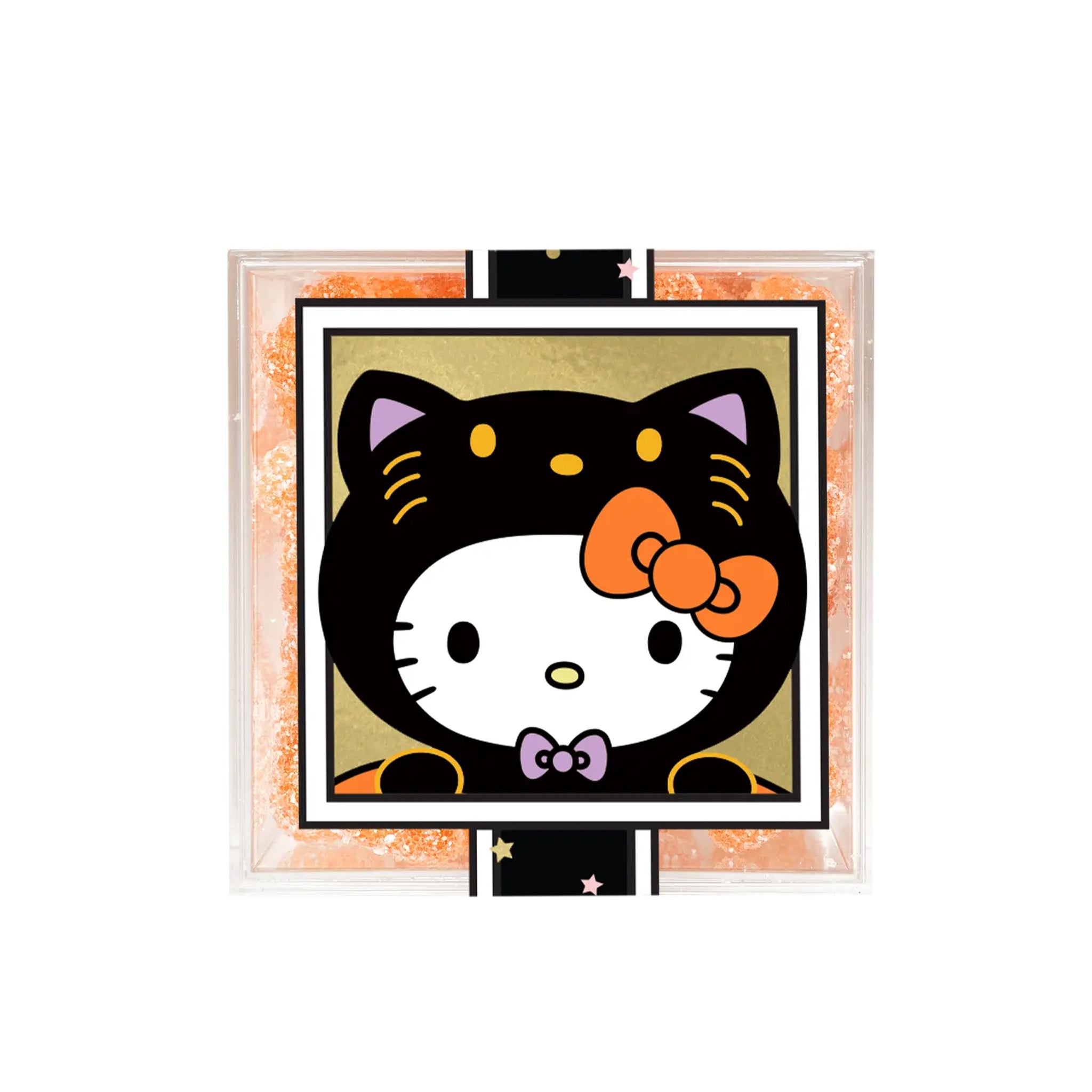 A clear acrylic box of sour star gummy candies with a Hello Kitty Halloween design on the outside. 