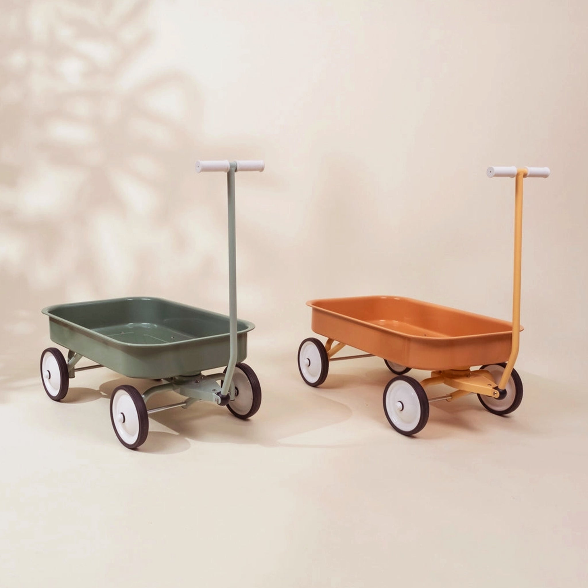 A green and light orange wagon. 