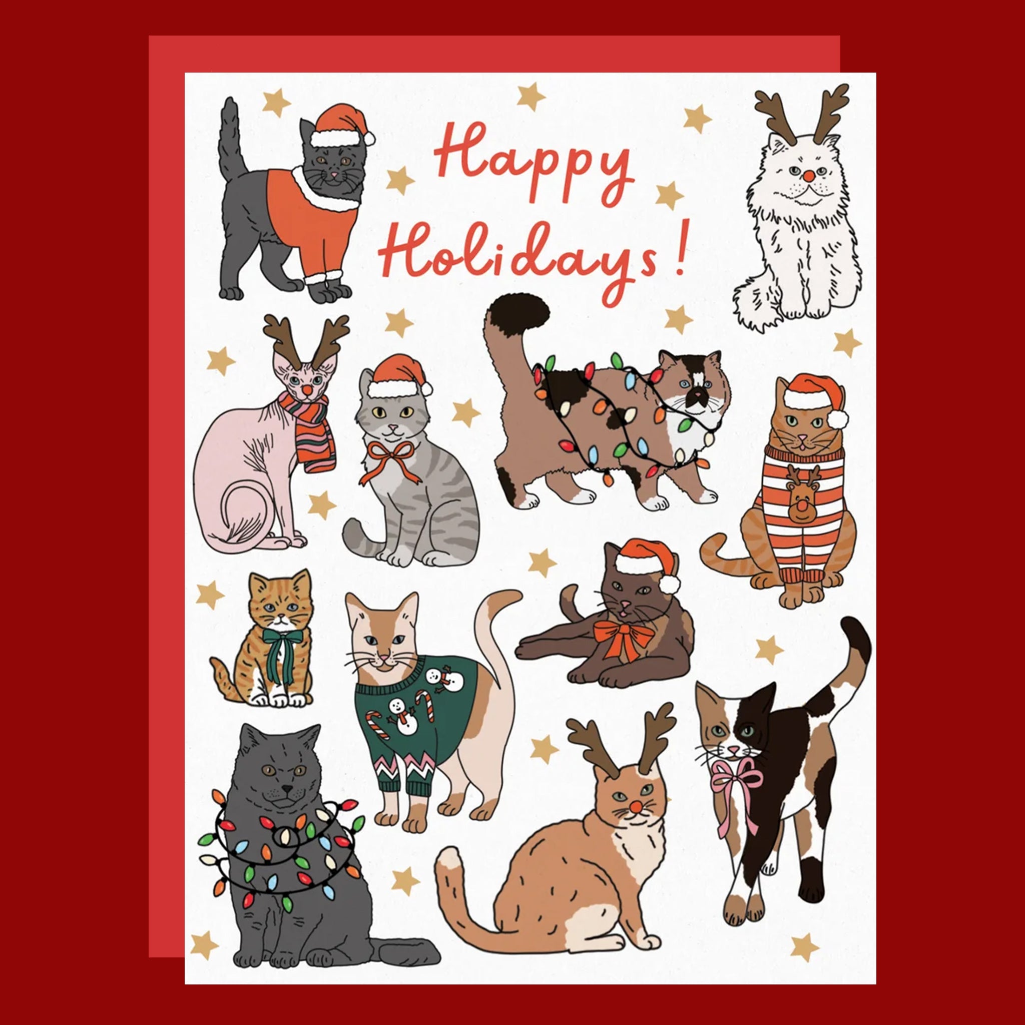 Greeting card with multiple breeds of cats in holiday attire. The card reads "Happy Holidays!"