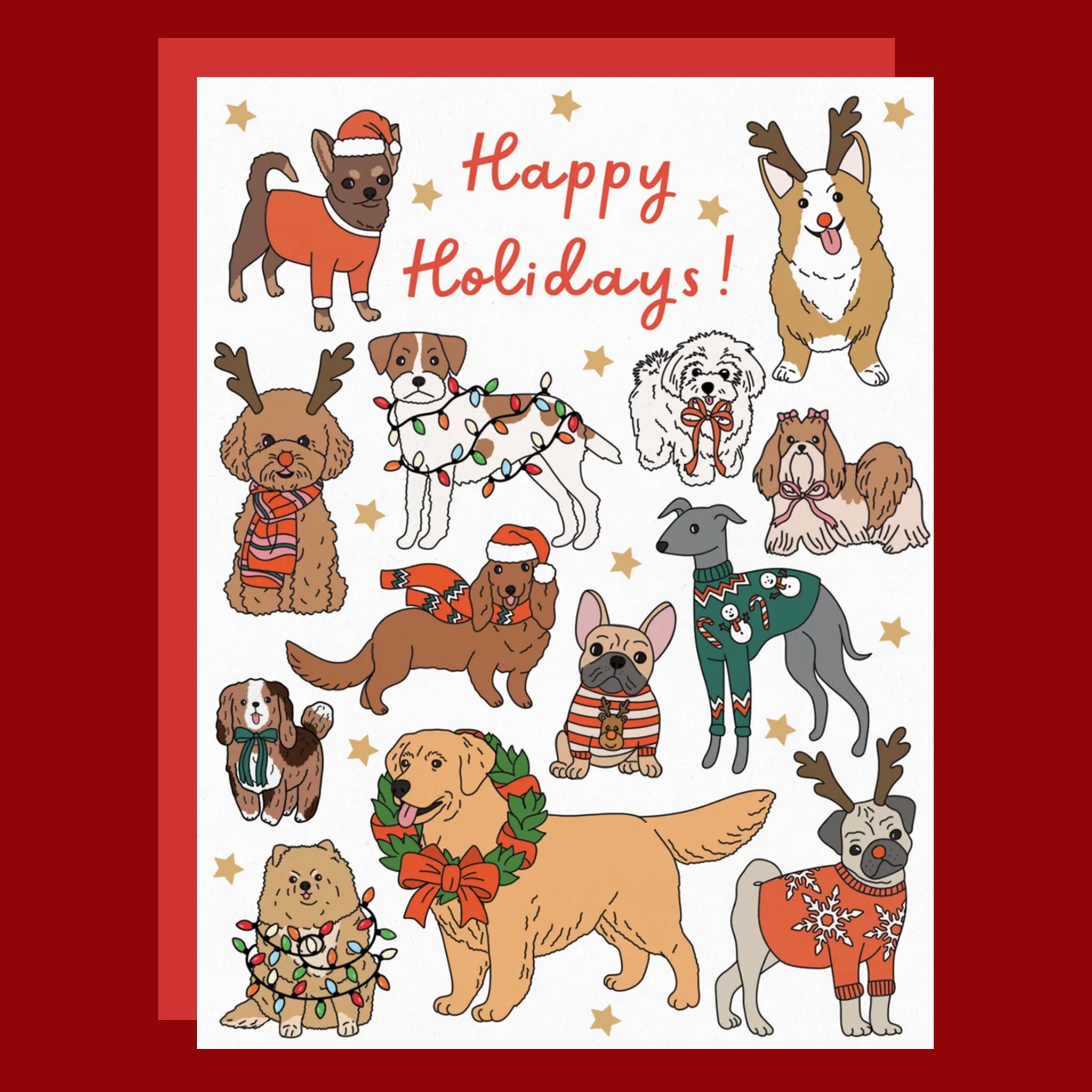 Greeting card with multiple breeds of dogs in holiday attire. The card reads "Happy Holidays!"