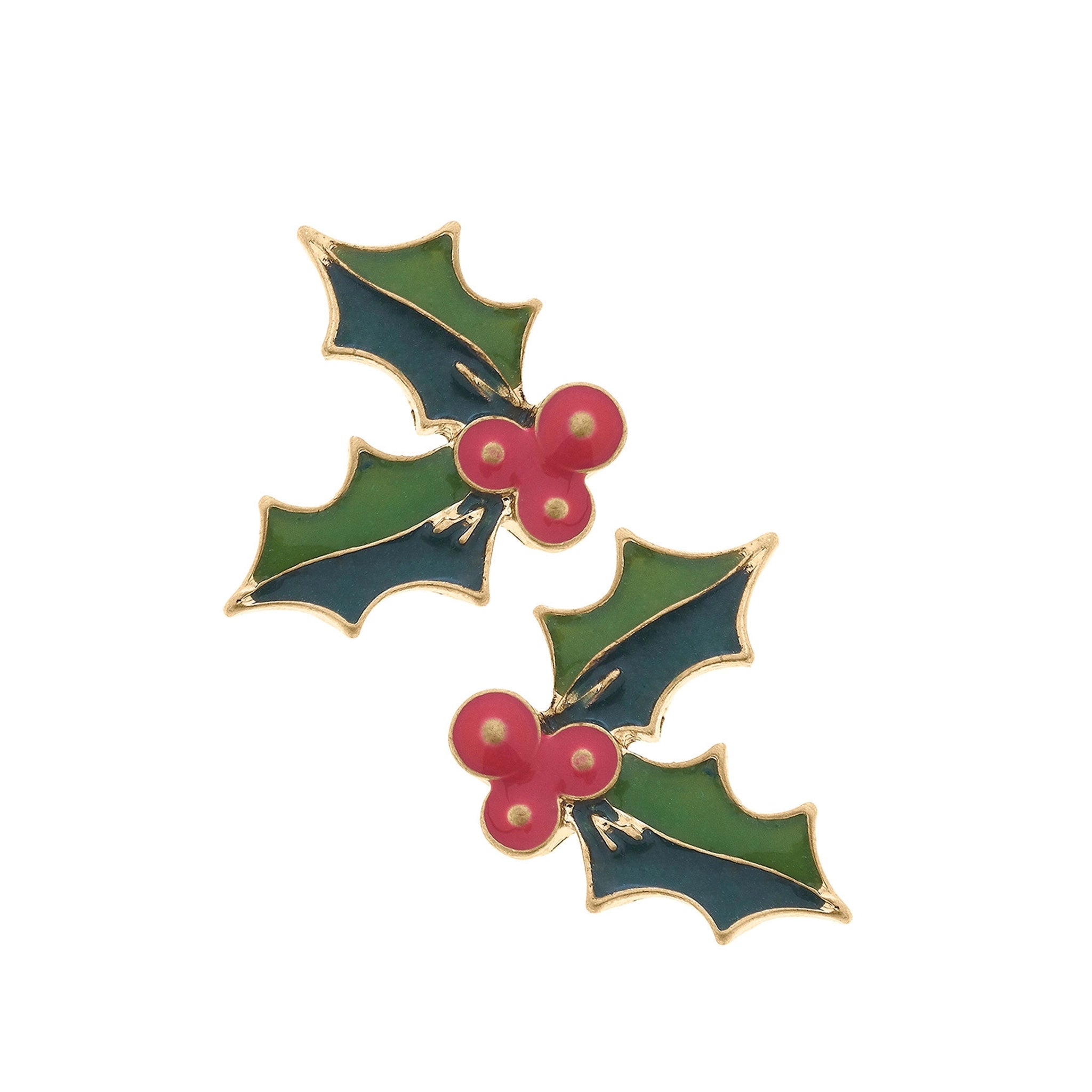 A pair of green and red holly shaped earrings.