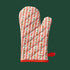 A red and cream colored oven mitt with a holiday design. 