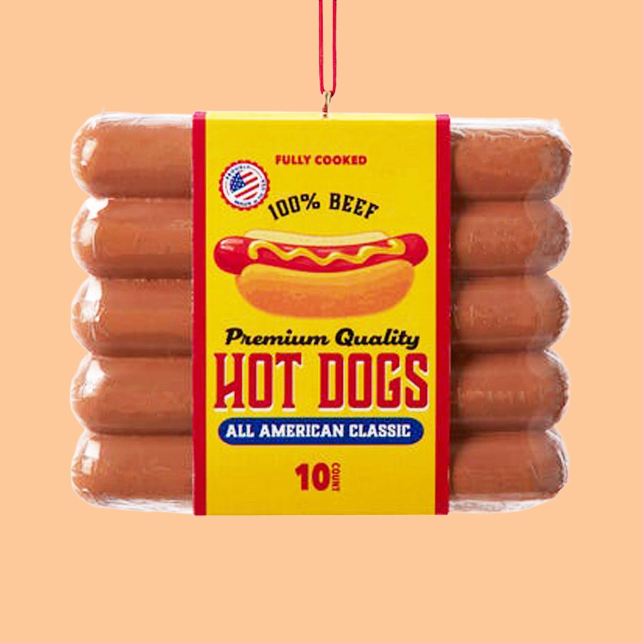 A hot dog pack shaped ornament. 