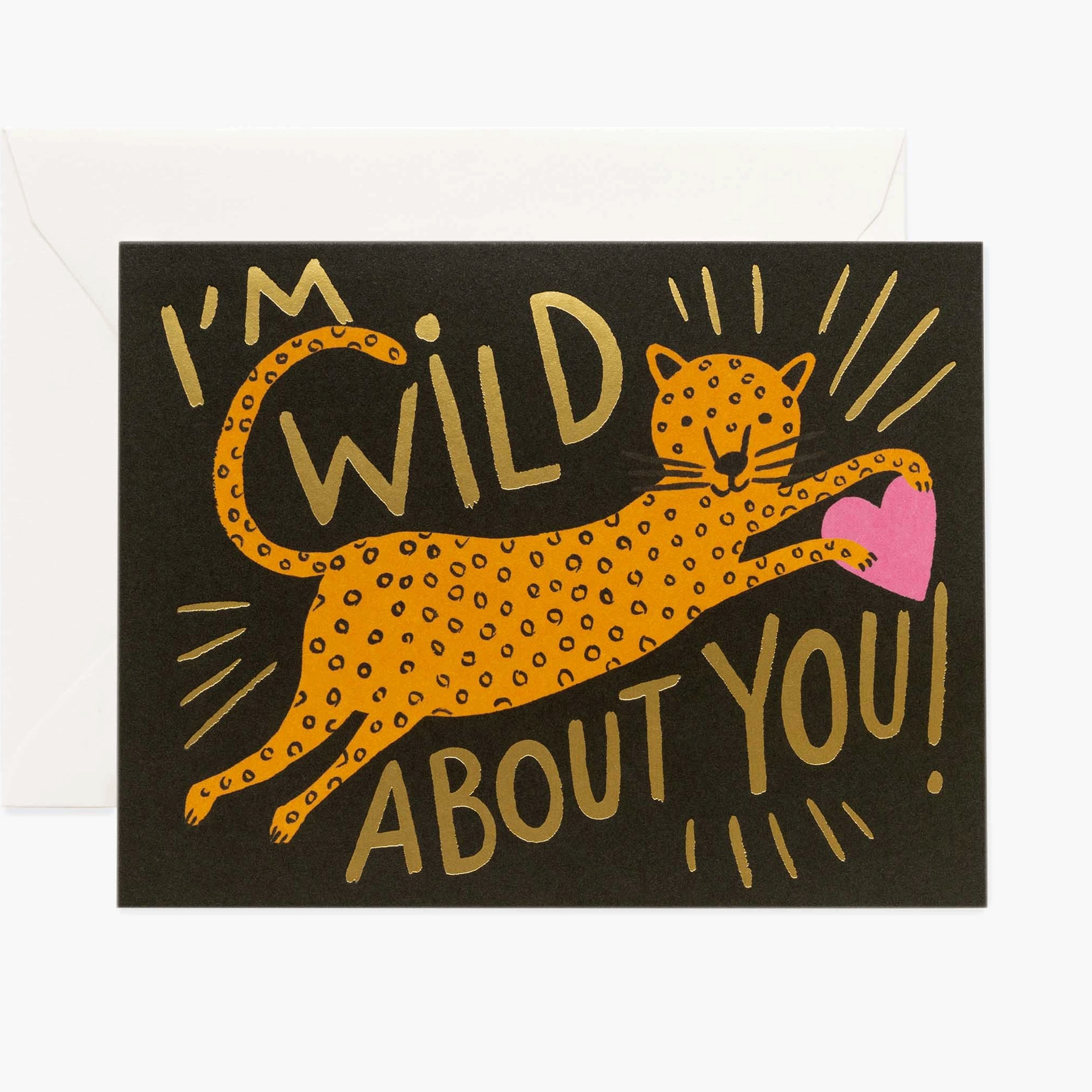 On a white background is a black card with a leaping cheetah illustration holding a heart and gold text that reads, "I'm Wild About You". 