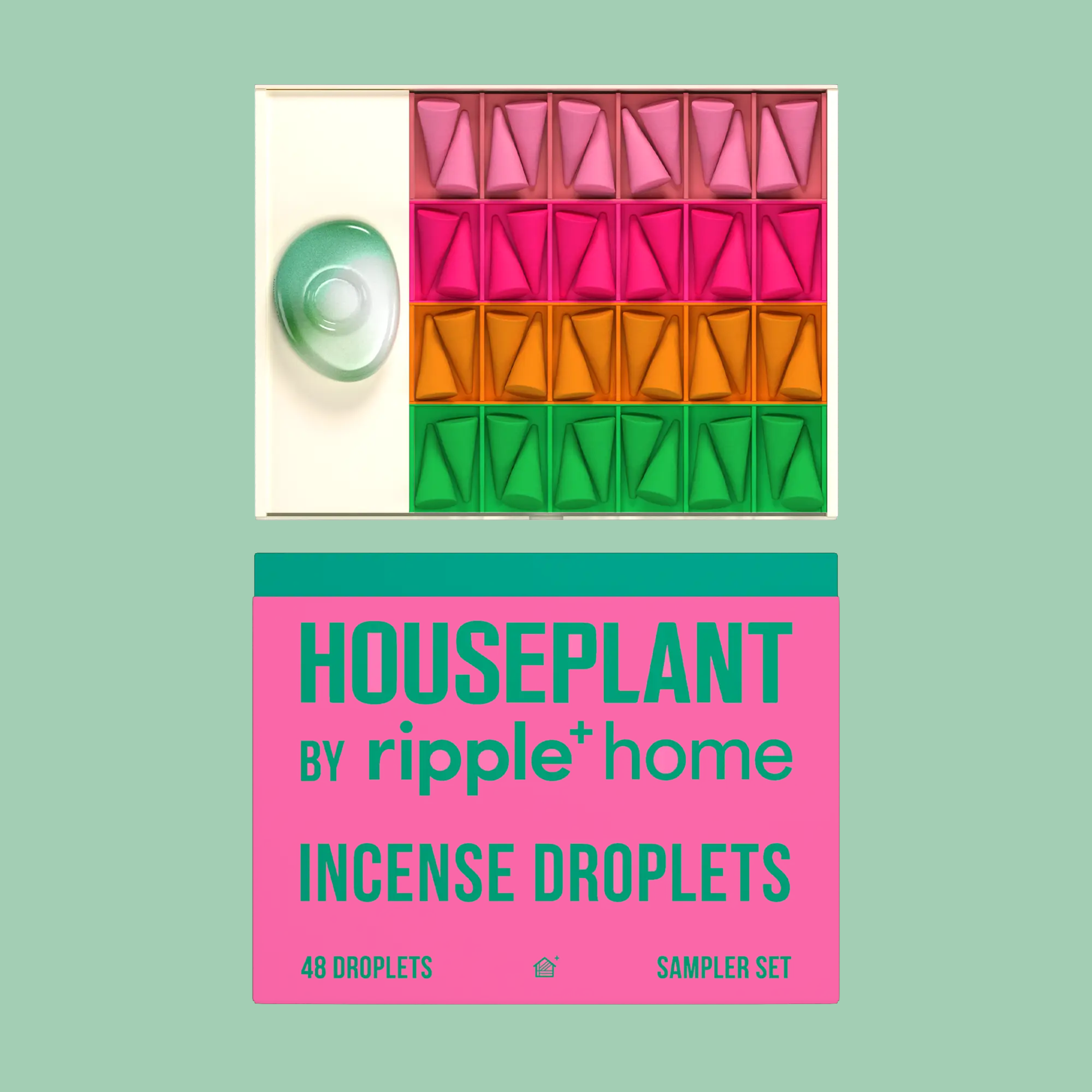 40 incense cones in bright colors on a mint ground with packaging that reads "Houseplant by Ripple home incense droplets"