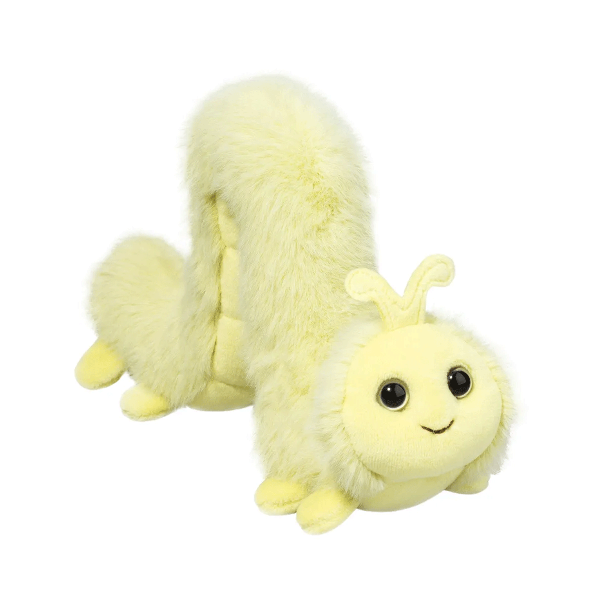 On a white background is a pastel yellow inchworm stuffed toy. 