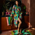 A multi colored bathrobe. 