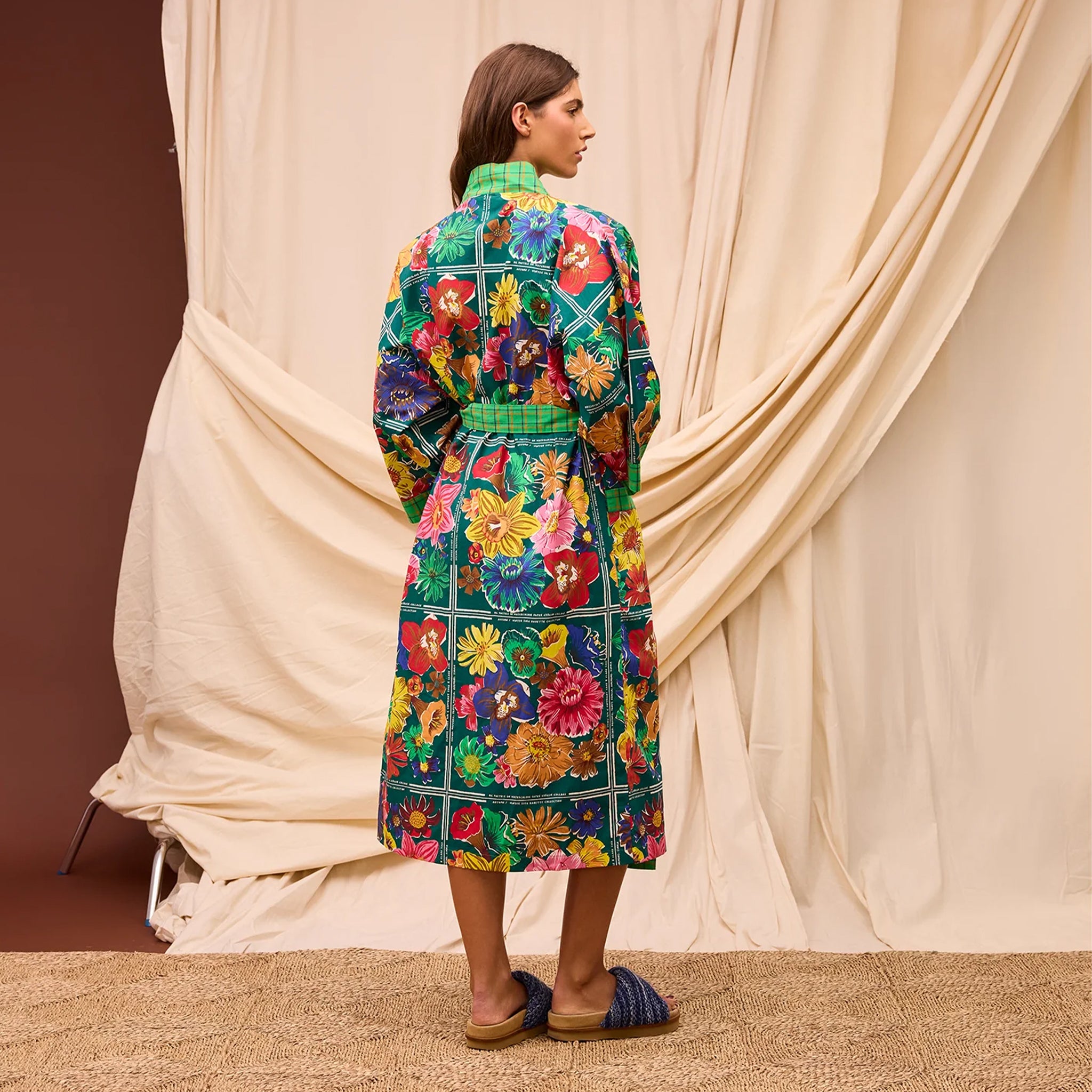 A multi colored bathrobe. 