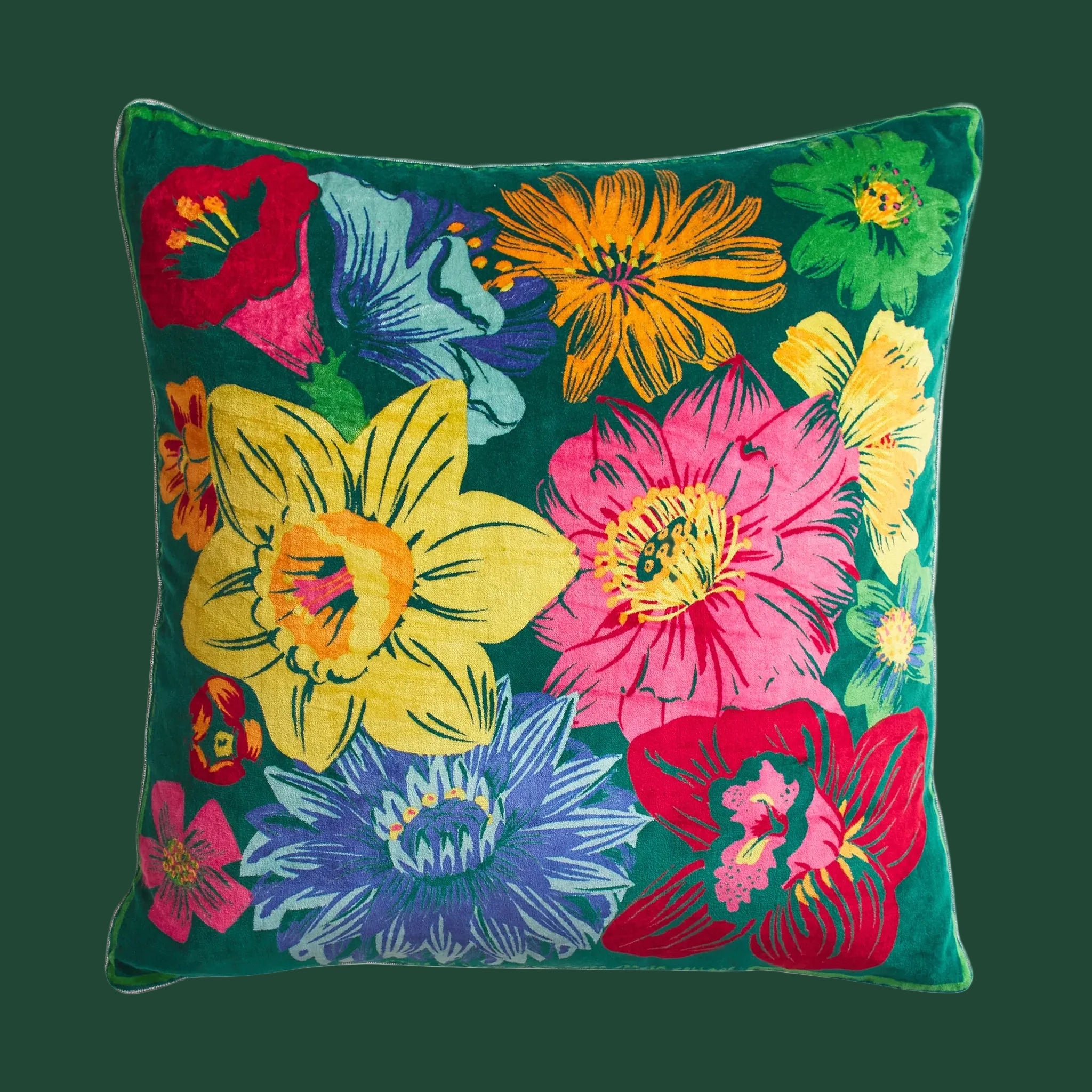 Colorful floral-patterned pillow on a white background