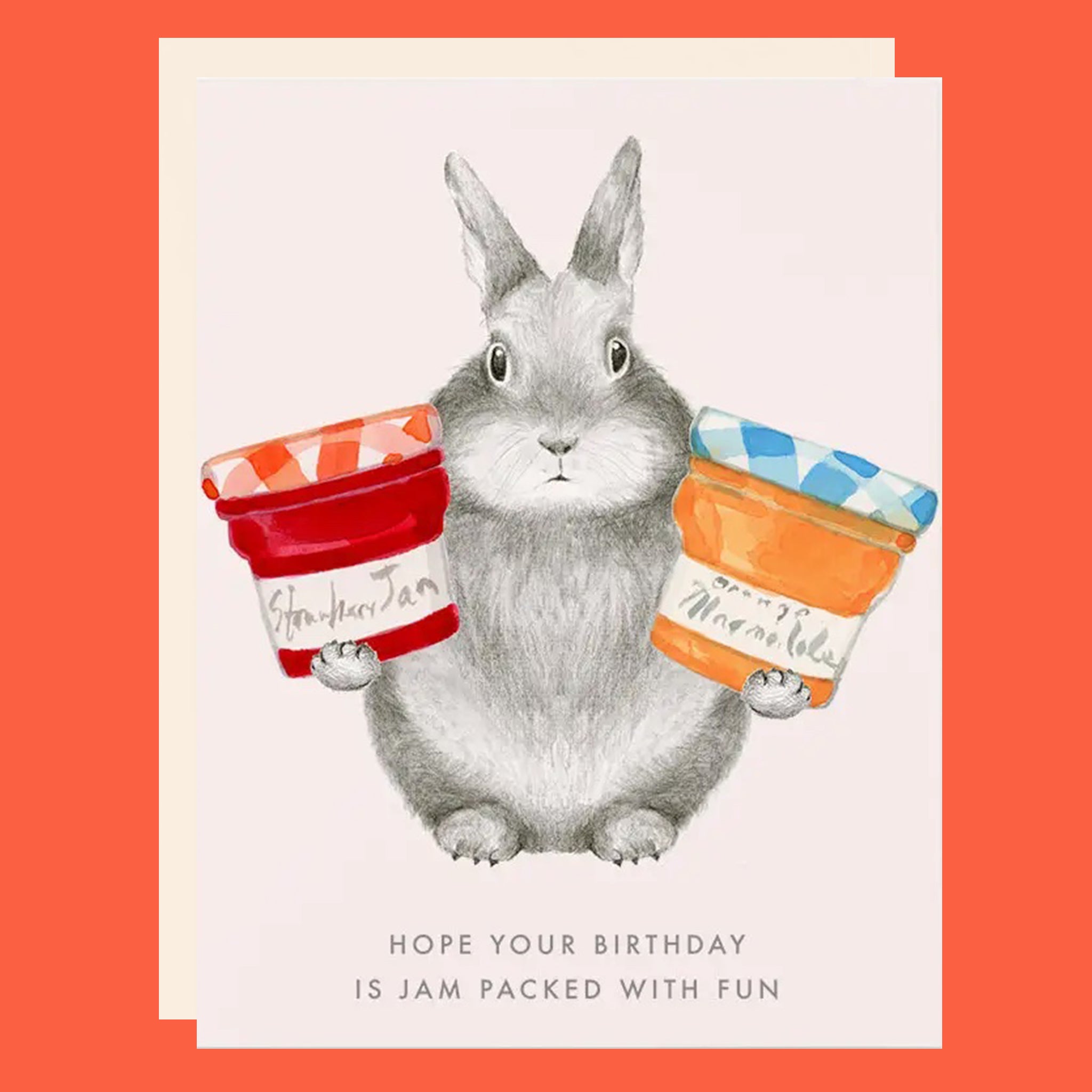 Greeting card with a bunny holding two jars of jam. The card reads "Hope your birthday is jam packed with fun". 