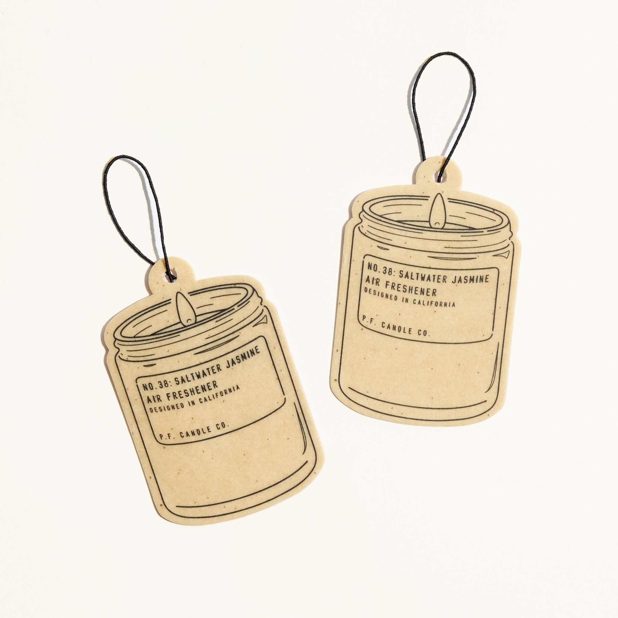 Two air freshener tags shaped like jars on a white background