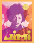 On an orange background is a purple, pink and orange book cover with a Jimi Hendrix photo and text on the bottom that reads, "jimi".