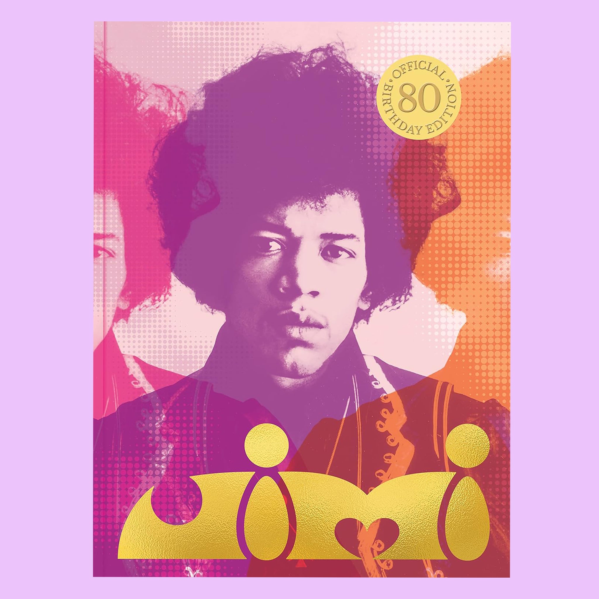 On a purple background is a purple, pink and orange book cover with a Jimi Hendrix photo and text on the bottom that reads, &quot;jimi&quot;. 