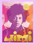 On a purple background is a purple, pink and orange book cover with a Jimi Hendrix photo and text on the bottom that reads, "jimi". 
