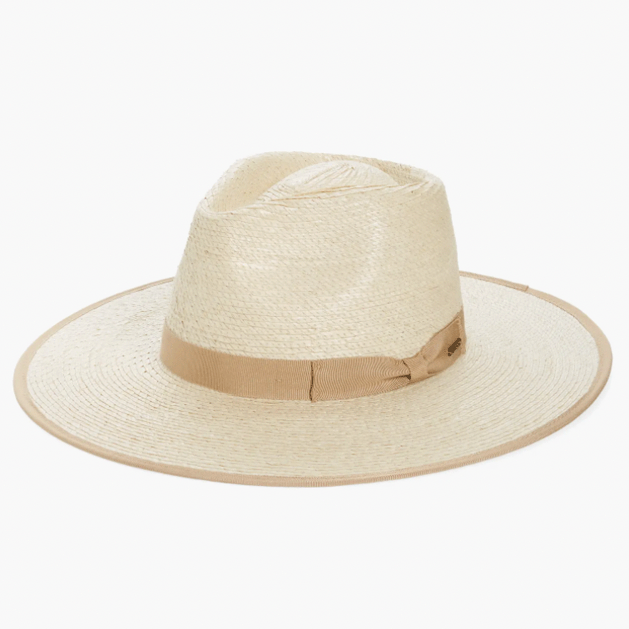 On a white background is a light tan colored straw sun hat with a ribbon edge and border around the base. 