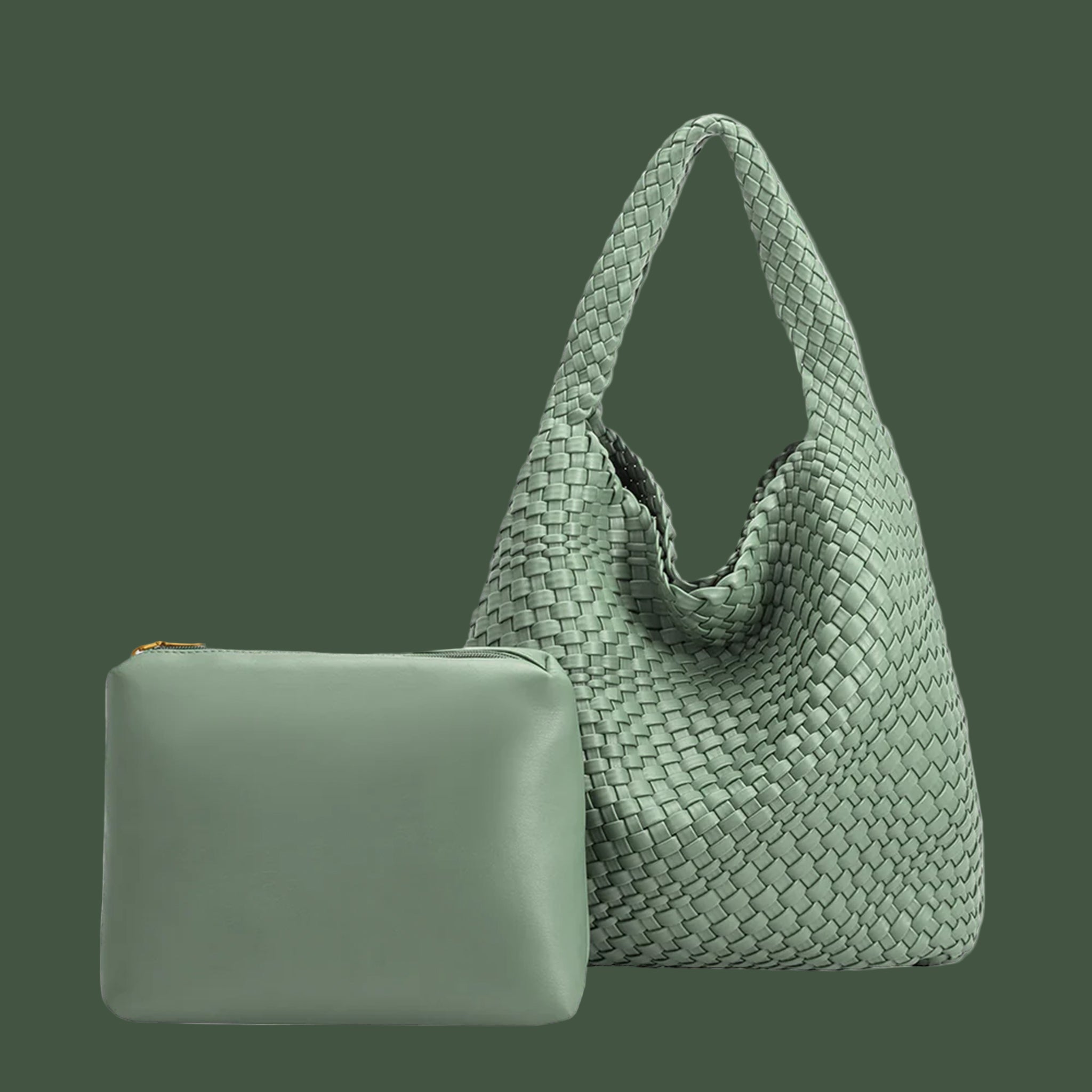A teal woven shoulder tote bag with a teal insert. 